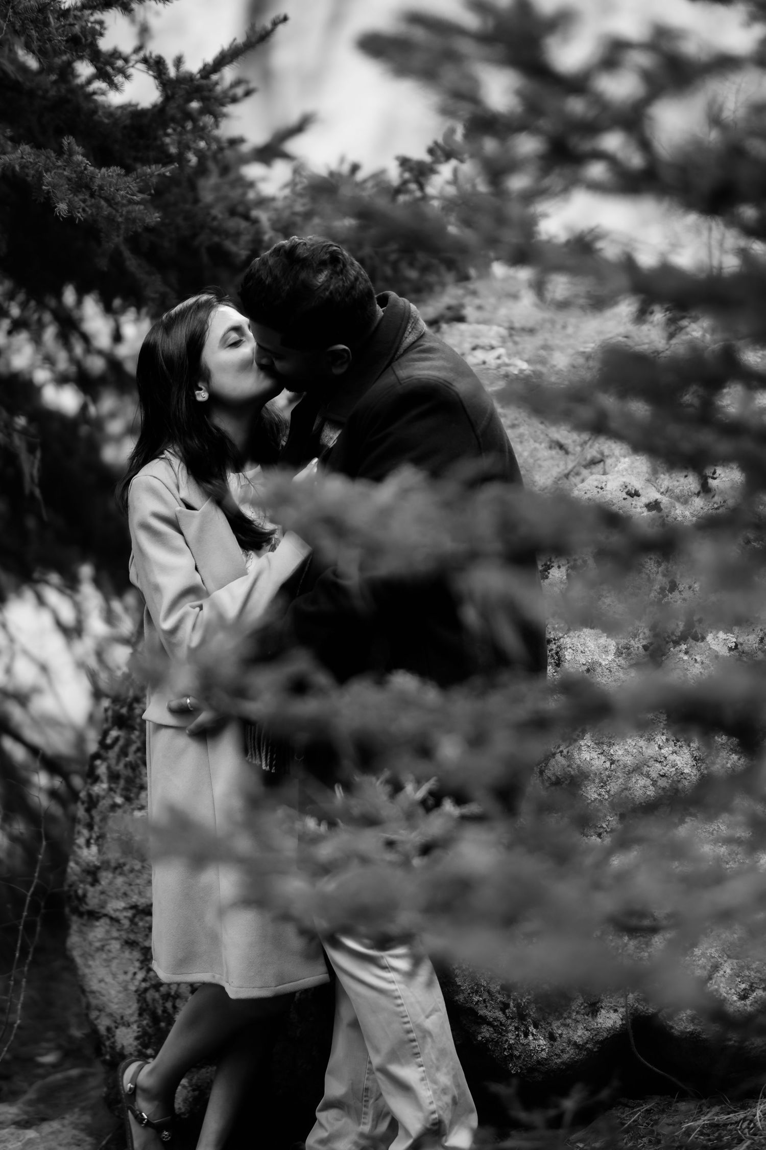 A dreamy black and white photo of a couple sharing an intimate moment among pine trees.