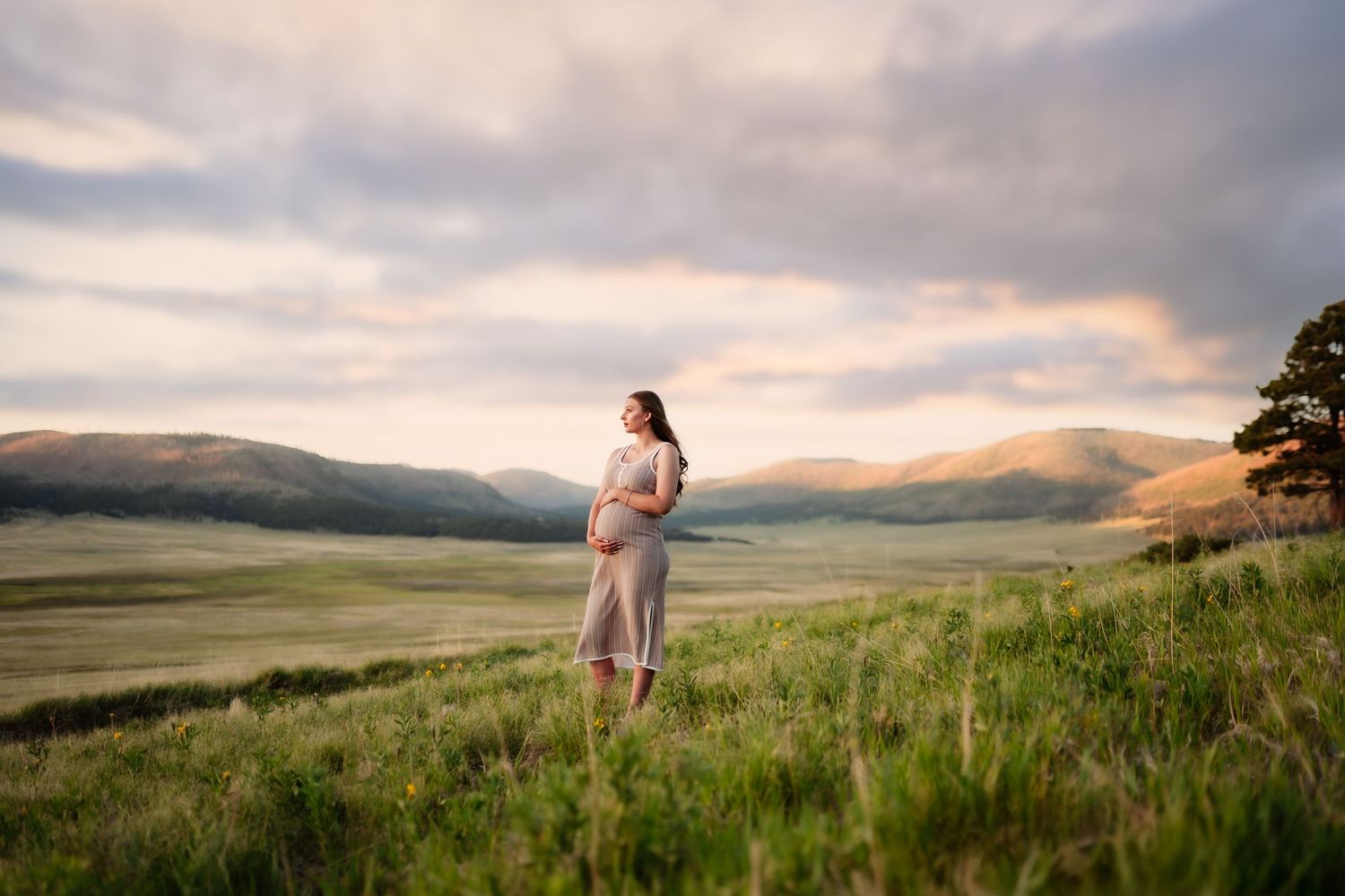 Side view of person in a dress standing in a grassy meadow at sunset with rolling hills and mountains in the background.