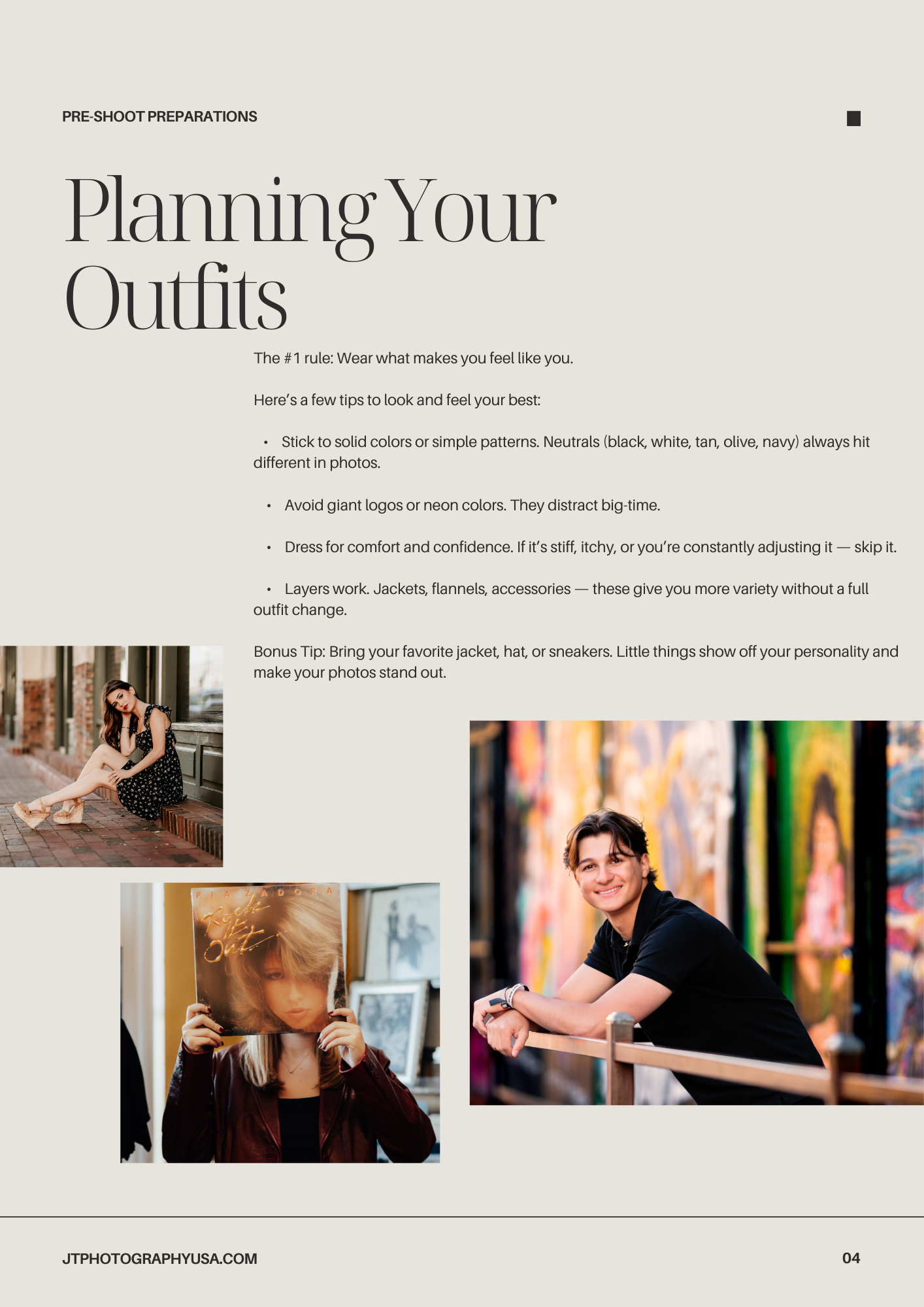 Magazine page about planning outfits showing text and three complementary lifestyle photography images in warm tones.