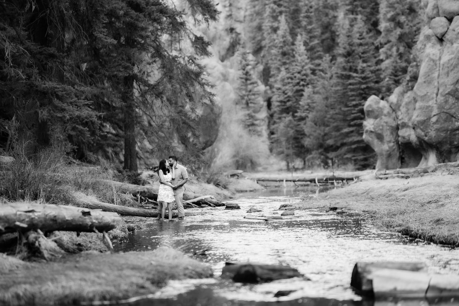 A distant black and white shot of a couple standing together in a scenic mountain canyon.
