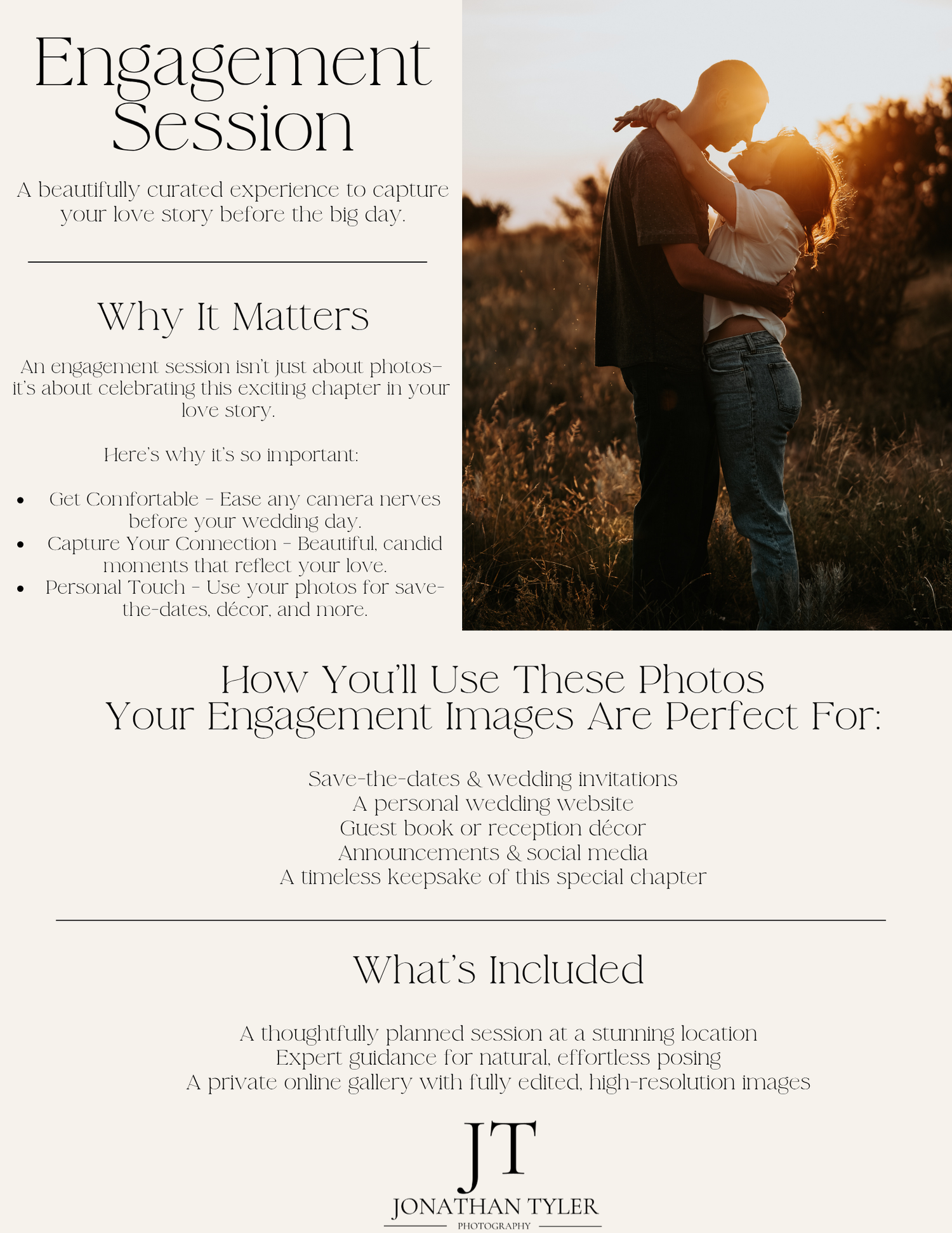 Elegant engagement session photography flyer with couple silhouette at sunset, featuring session details and package inclusions.