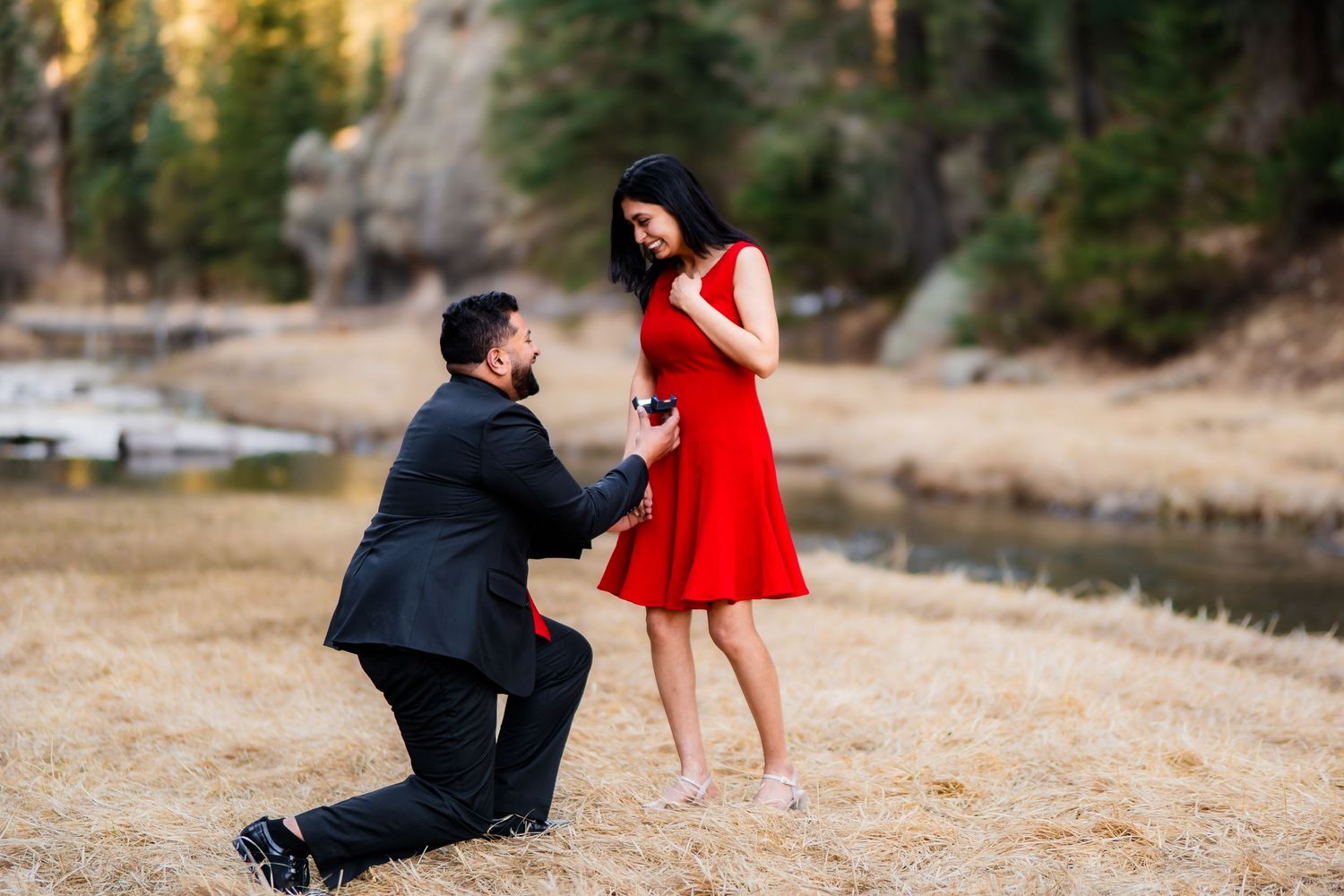 A romantic lakeside proposal with mountains and forest in the background during golden hour.