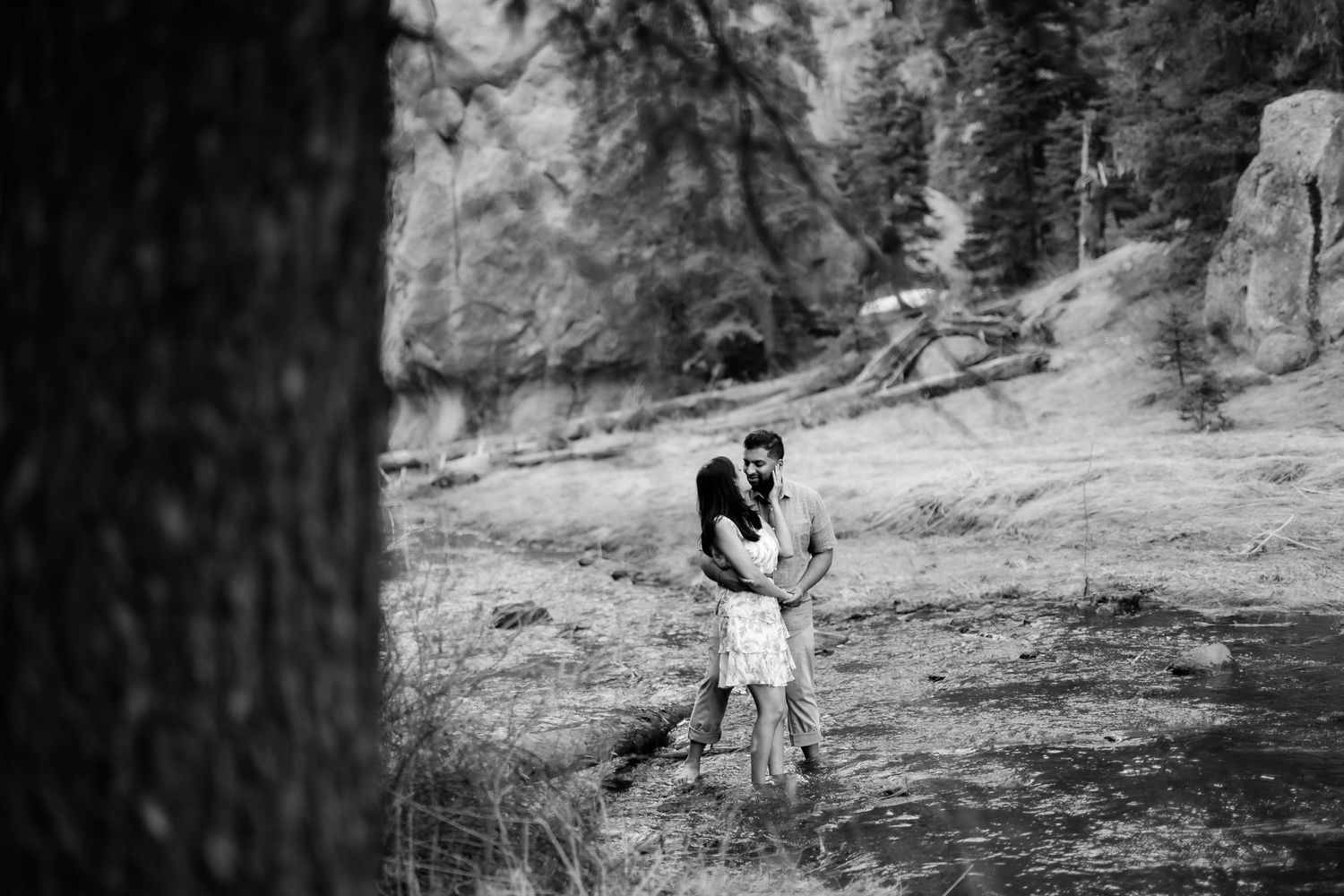 A black and white landscape photo of a couple embracing in a mountainous forest setting.