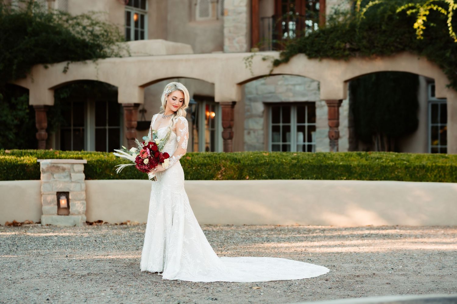 A stunning wedding photo collage showing a bride in a flowing white gown posing at various angles on a grand estate property.