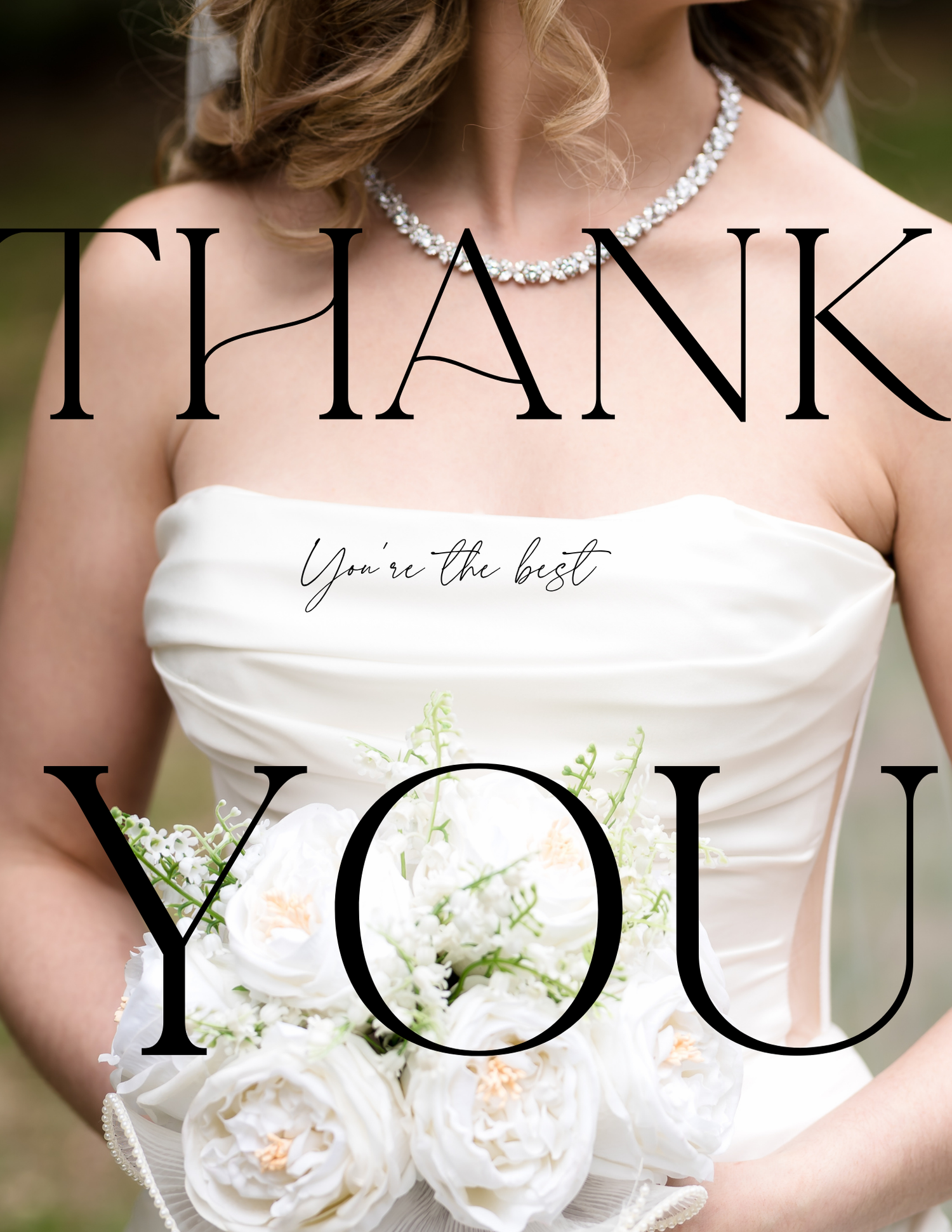 Elegant wedding thank you card featuring a bride in white gown holding bouquet with pearl necklace.
