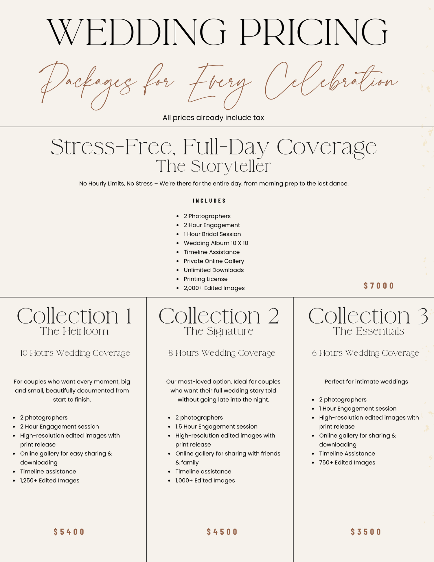 A collection of wedding photography pricing guide template pages showing different package tiers and pricing details.