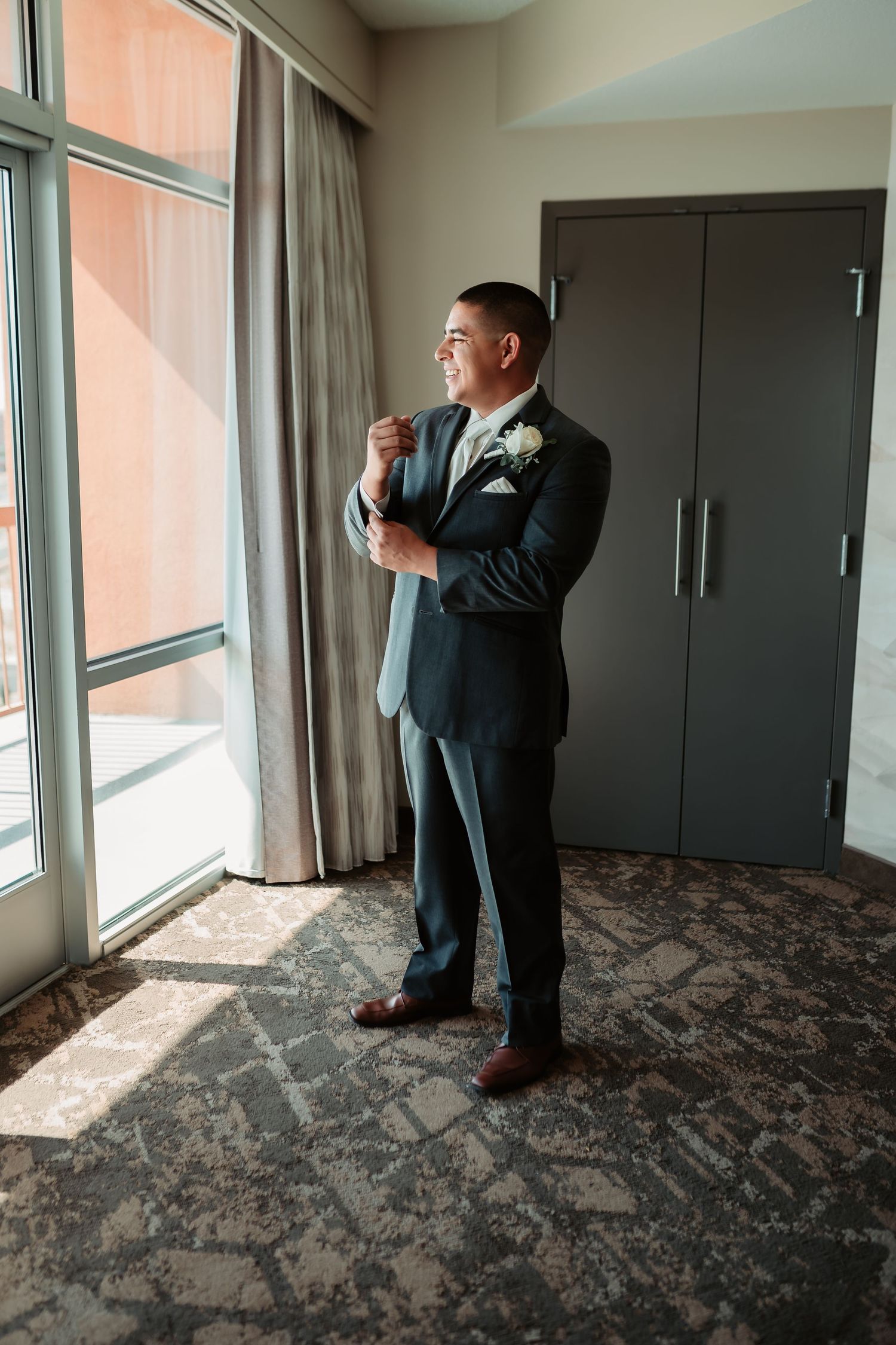 Series of artistic silhouettes against window light showing formal attire and celebratory poses.