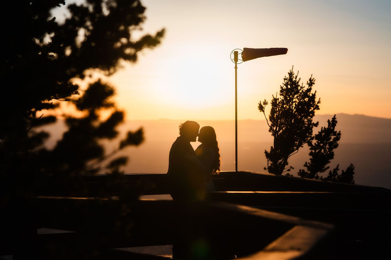 People's silhouettes against a golden sunset sky with trees and a street lamp creating a romantic mood.