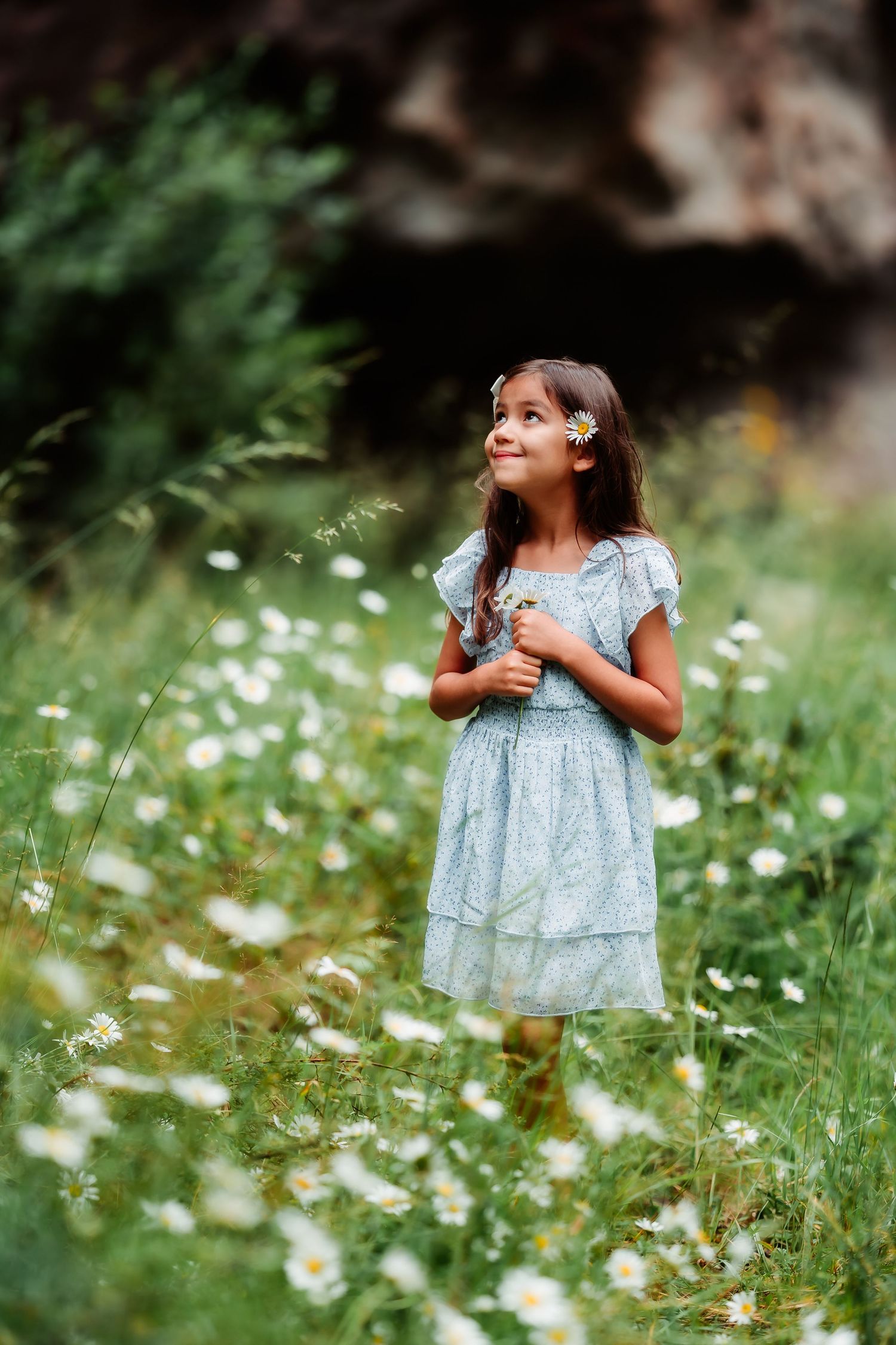 A young girl in a blue dress stands among blooming daisies in a meadow.
