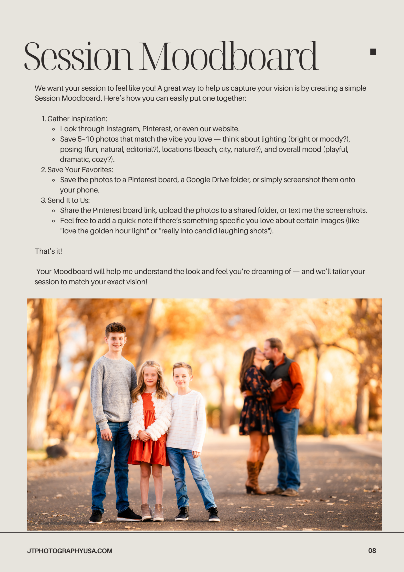 A session photography moodboard showing a warm outdoor portrait of a group silhouetted against golden sunlit trees.