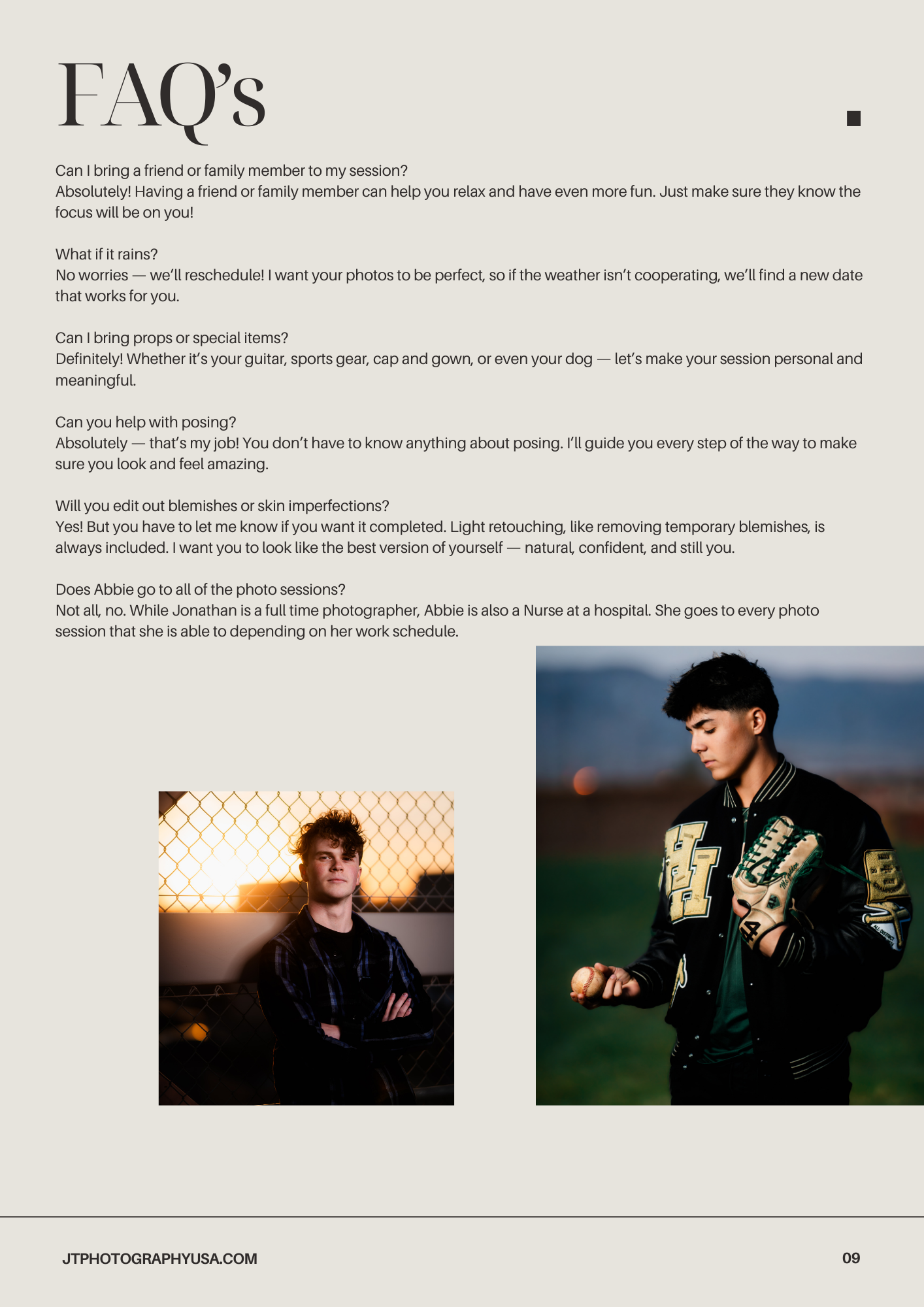 FAQ page displaying a section of text with two contrasting portrait photos below, one in dark lighting and one in outdoor setting.