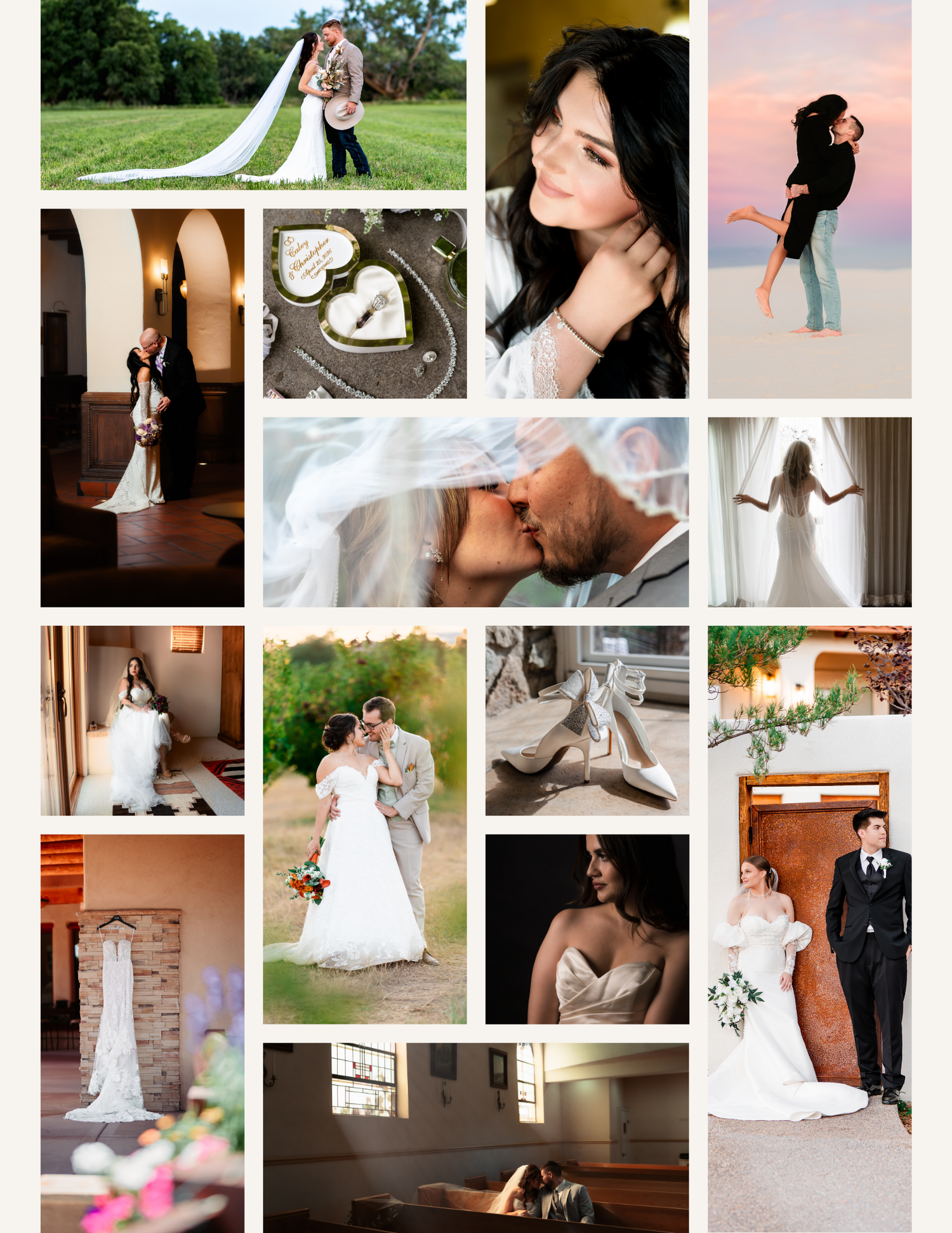 A wedding photography collage featuring couples in romantic poses, bridal portraits, and ceremony moments in elegant settings.