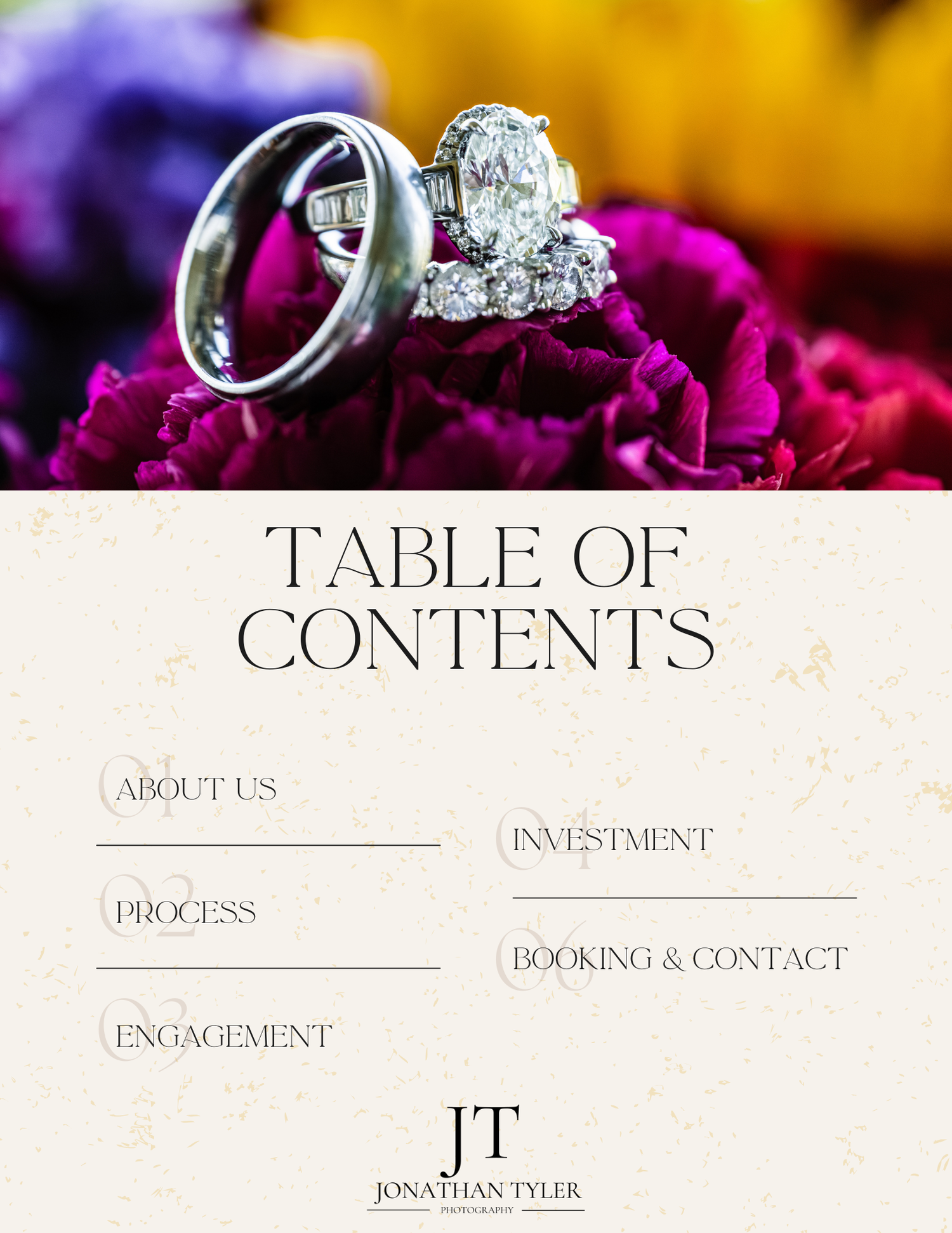 Wedding rings rest on vibrant pink flowers against a blurred background, with a table of contents menu below.