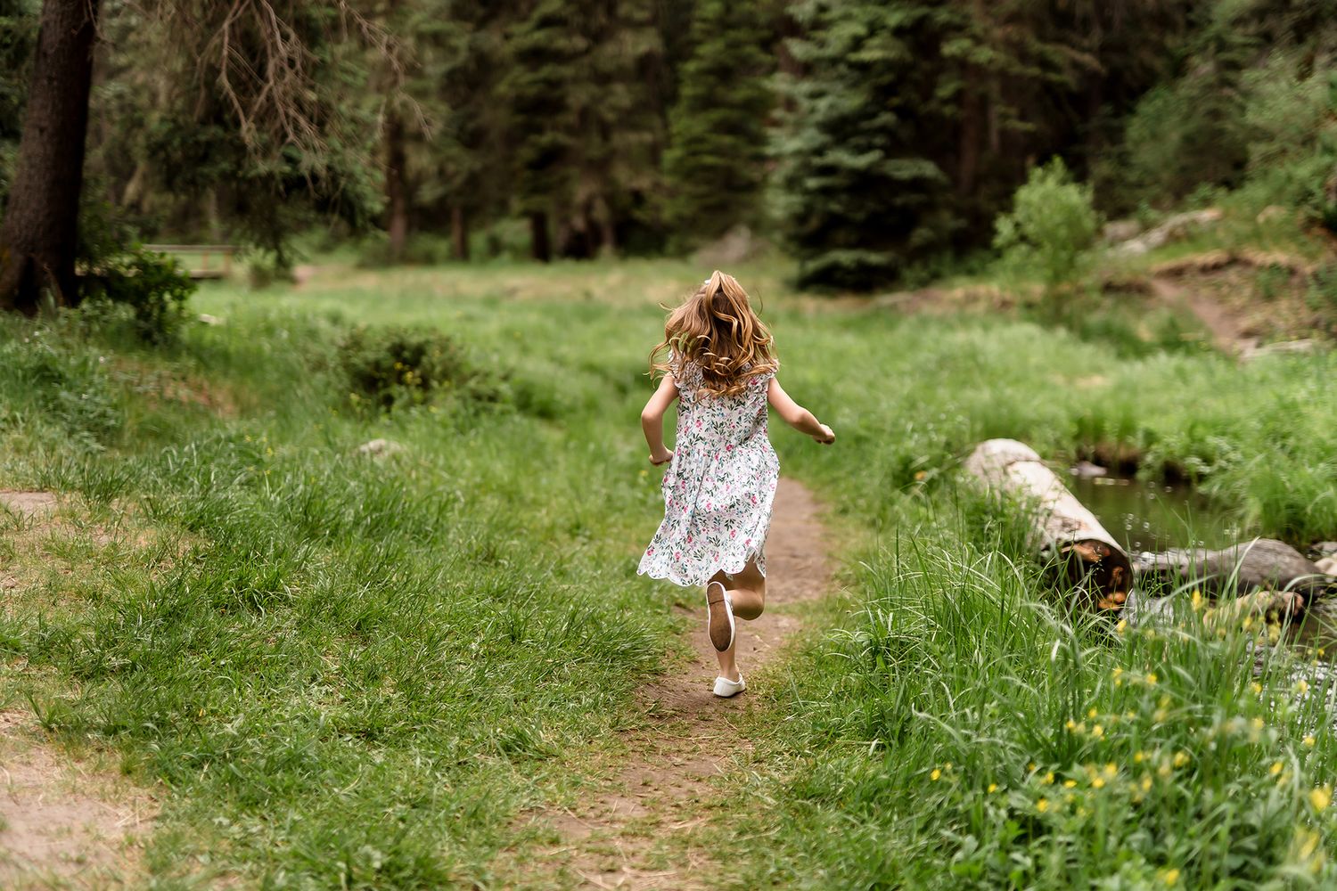 A young girl in a floral dress runs along a forest trail surrounded by lush green trees and grass.
