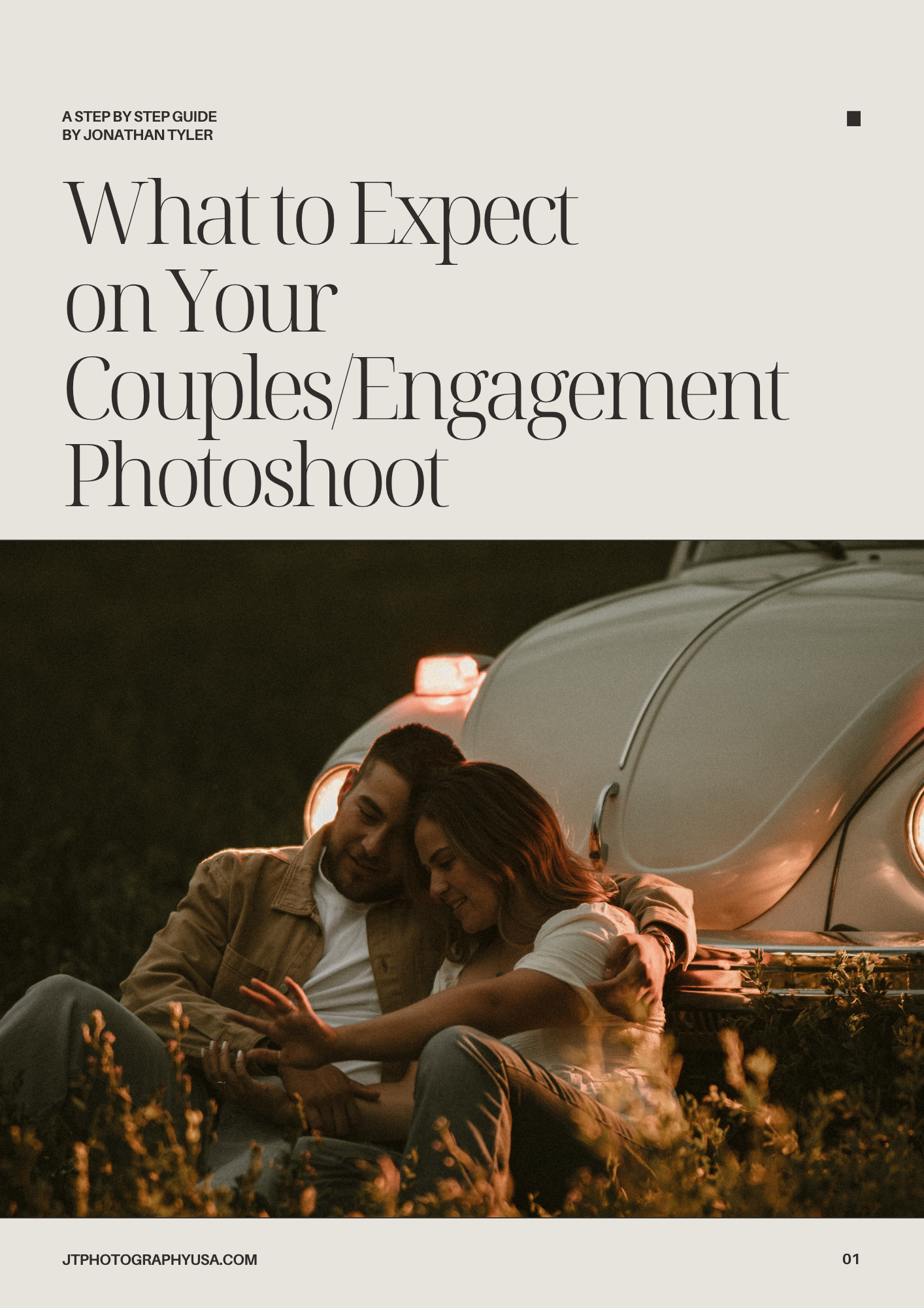 Engagement photography guide cover showing couple sitting by vintage car at sunset in golden field.