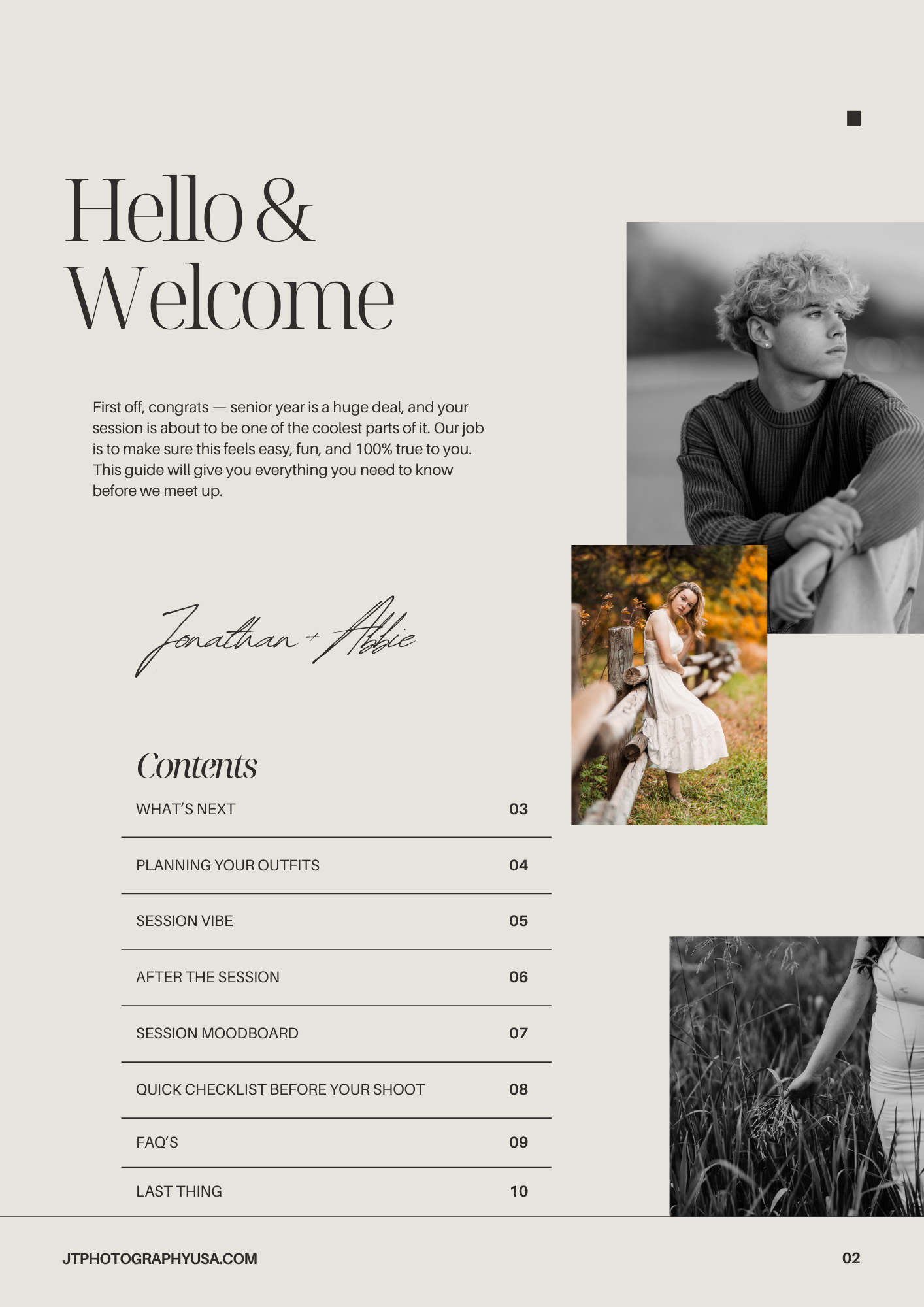 Modern minimalist photography website welcome page with table of contents and artistic black and white portrait gallery layout.