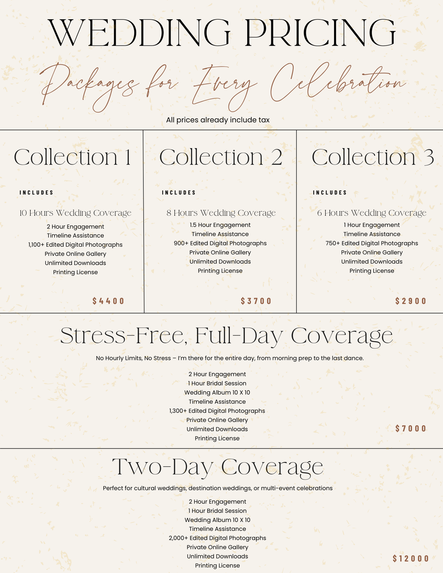 Wedding photography pricing chart showing three collection tiers and additional coverage options in neutral tones.