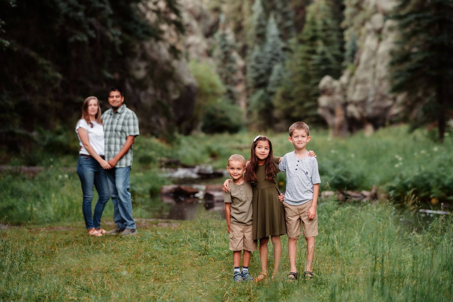 Family group stands together in a lush green meadow with tall evergreen trees in the background during summer.