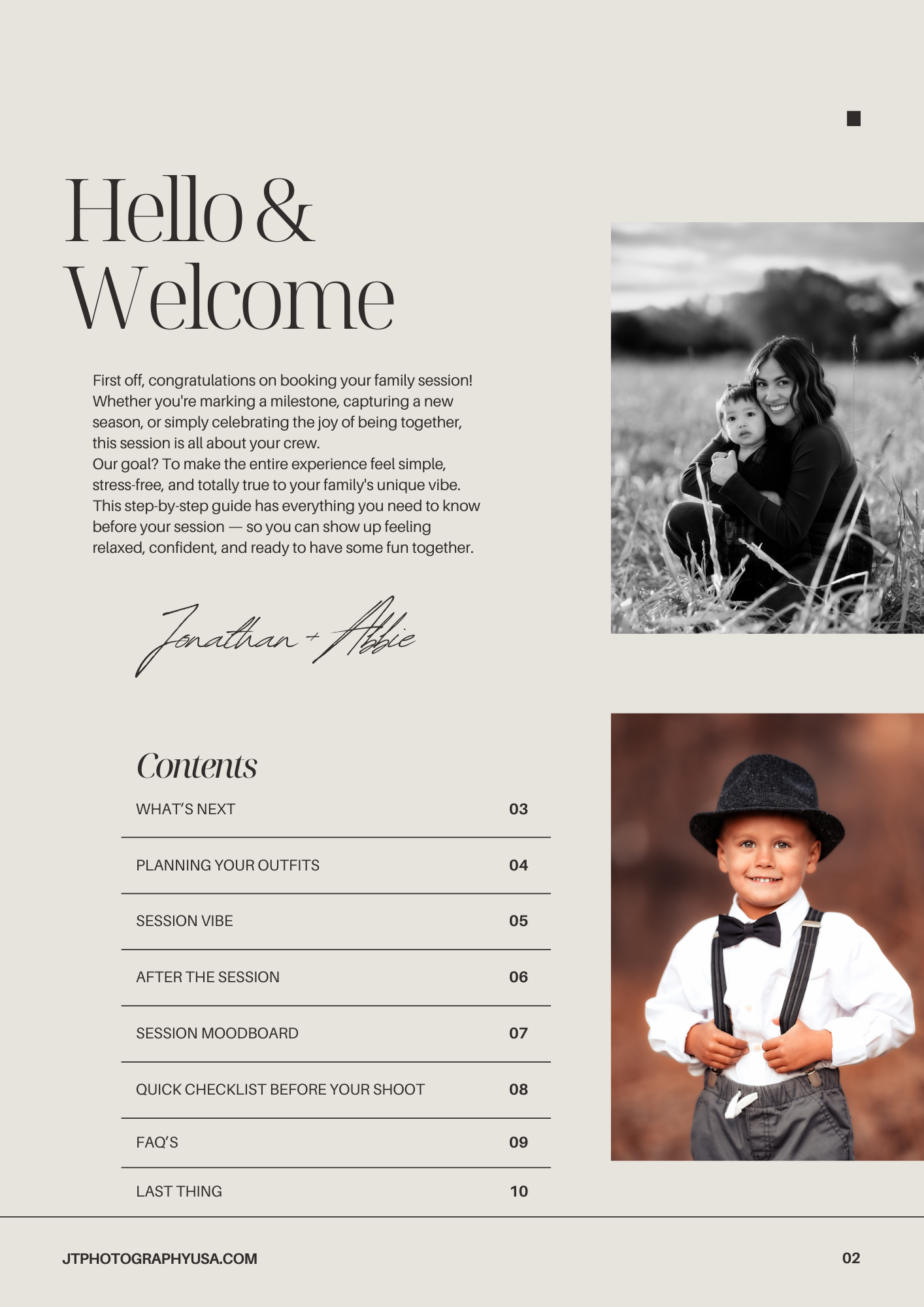 Professional photography portfolio website layout showcasing a table of contents with monochromatic design and preview images.