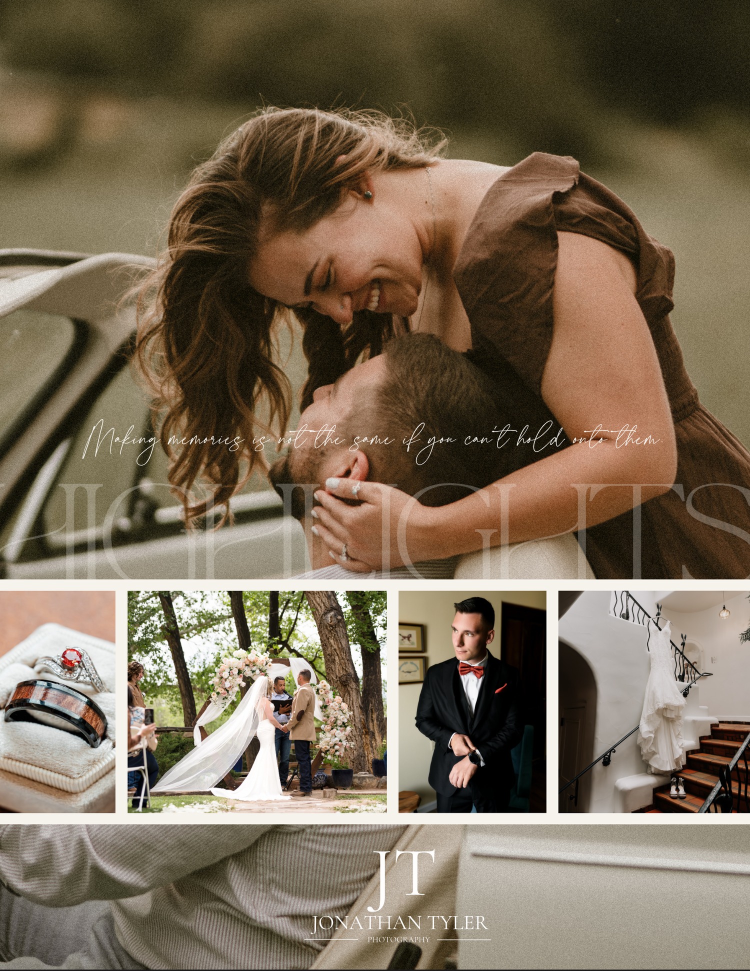 Jonathan Tyler Photography wedding collage showing couple dancing, ceremony, groom, and detail shots.