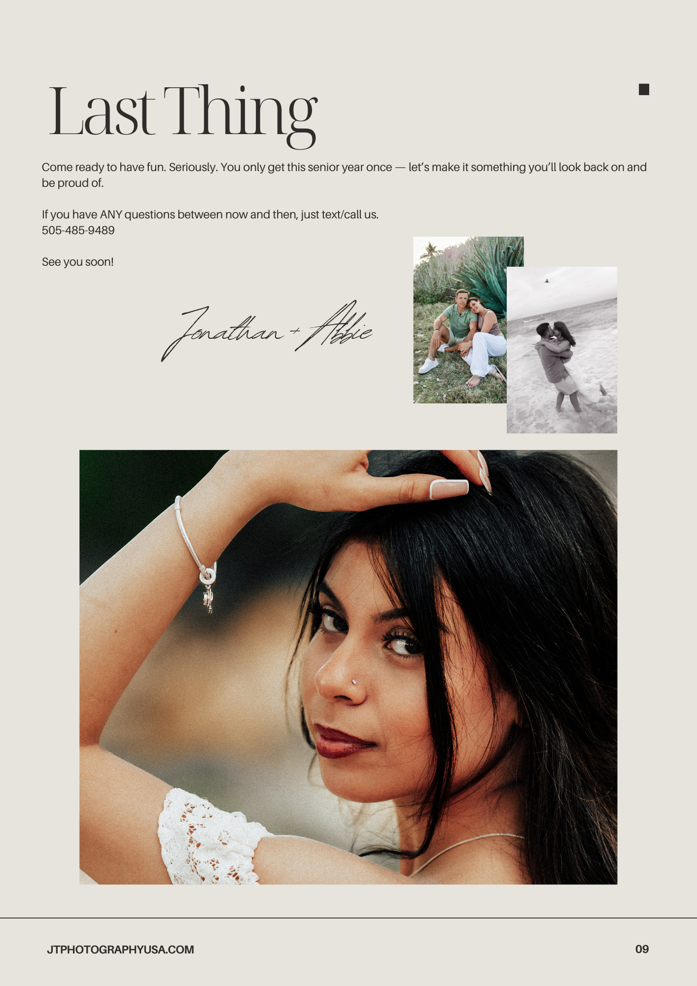 Promotional page for a photography website showing sample images and a signature with contact details.