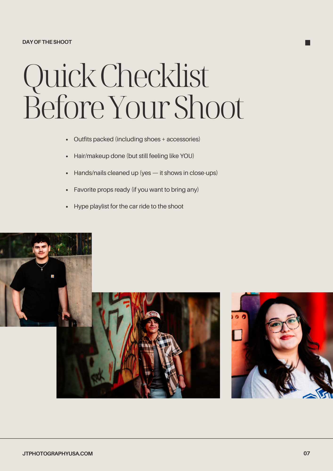 Professional photography checklist page showing preparation tips and three portrait samples in modern magazine layout style.