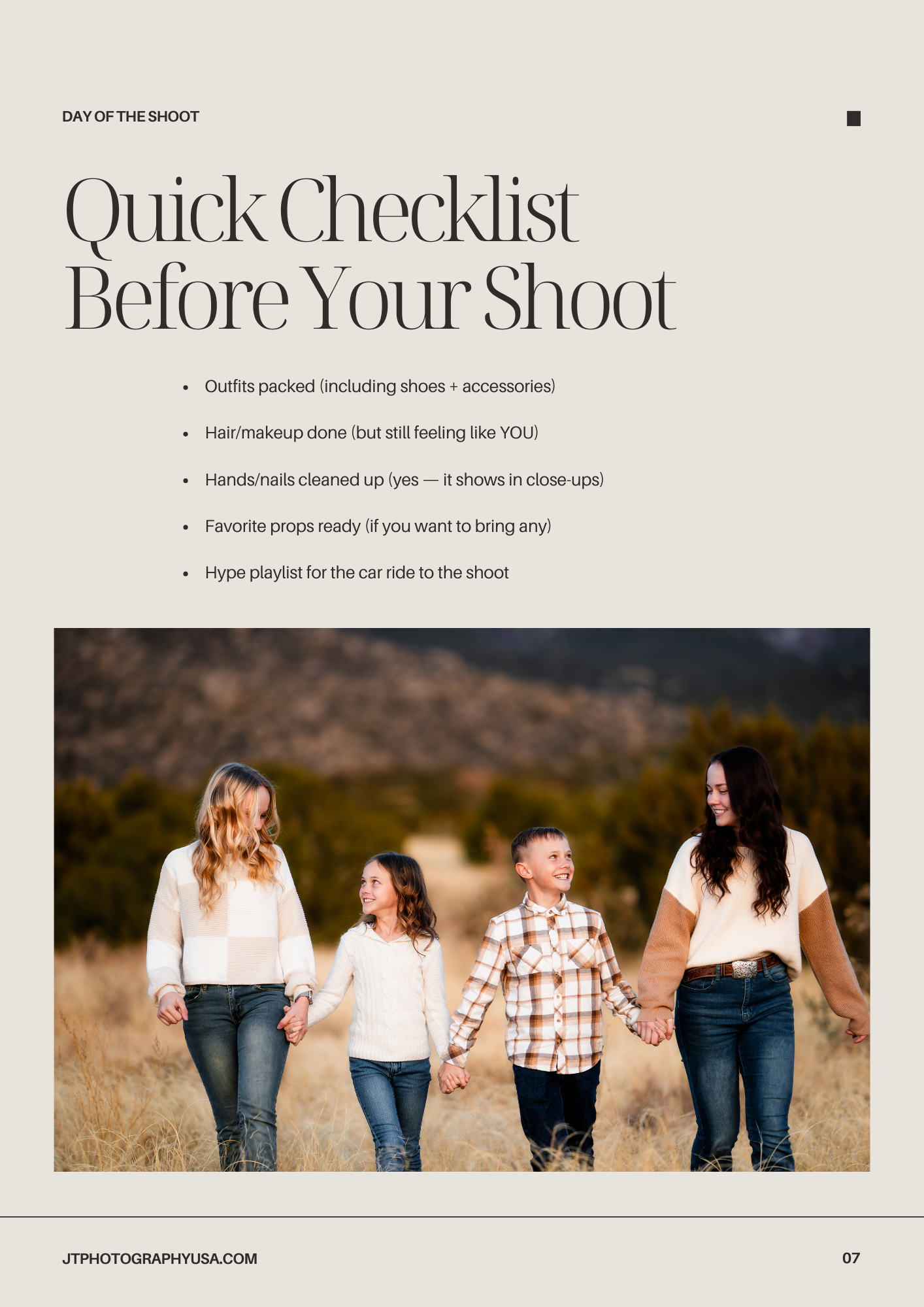 Family photo checklist showing procedural instructions with sample lifestyle photography against a white background.