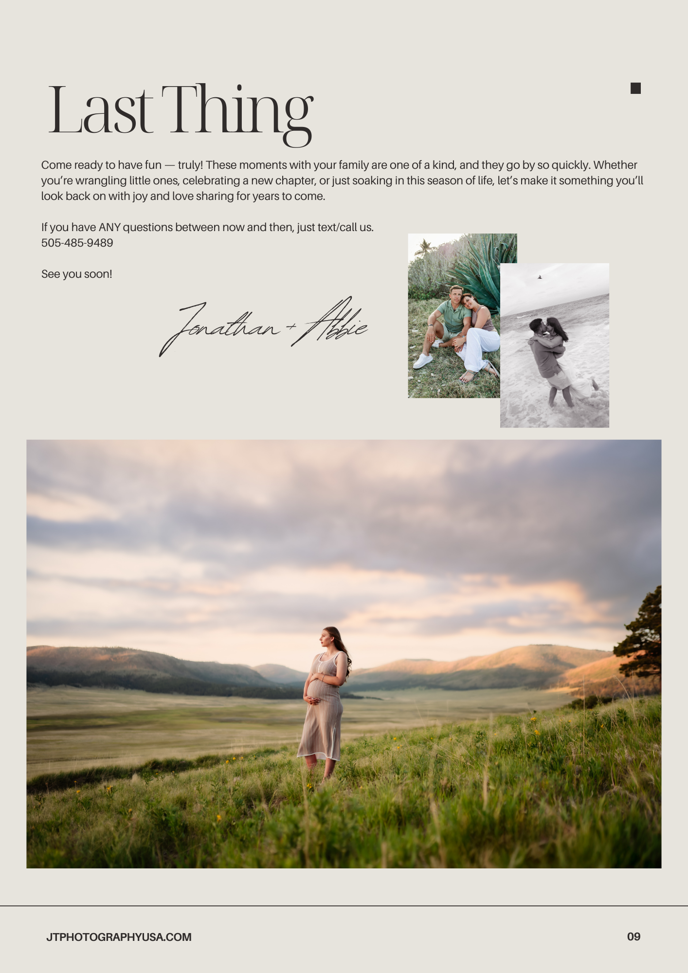 Wedding photography website layout showing a romantic sunset scene in a mountain meadow with soft pink skies and rolling hills.