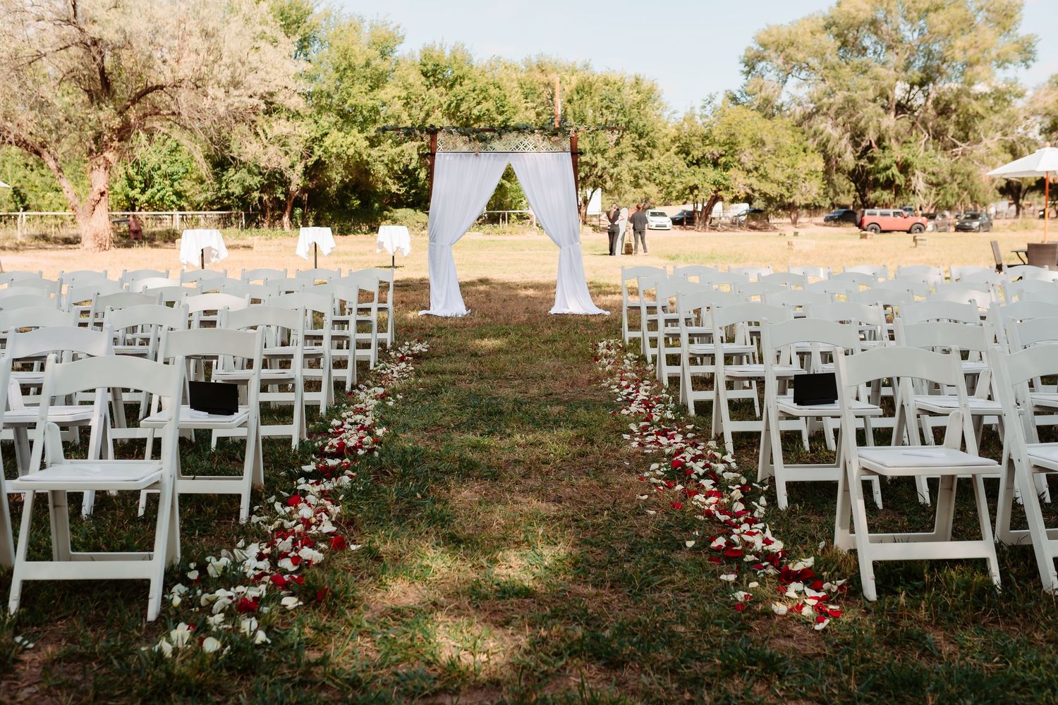 White wooden chairs arranged in rows on a grassy hillside for an outdoor wedding ceremony with scattered rose petals.