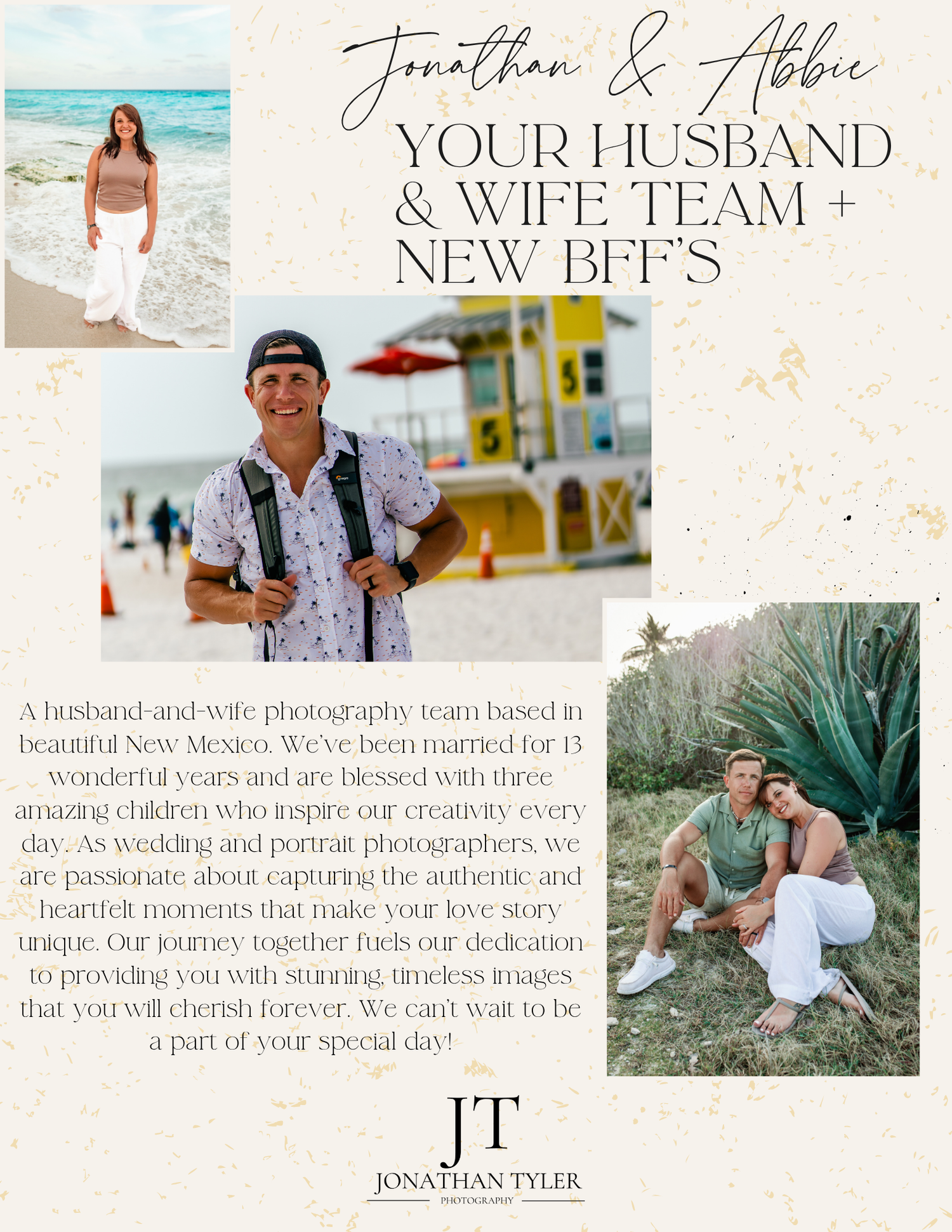 Jonathan and Abbie, a husband and wife photography team from New Mexico, pose in sunny outdoor settings promoting their portrait services.
