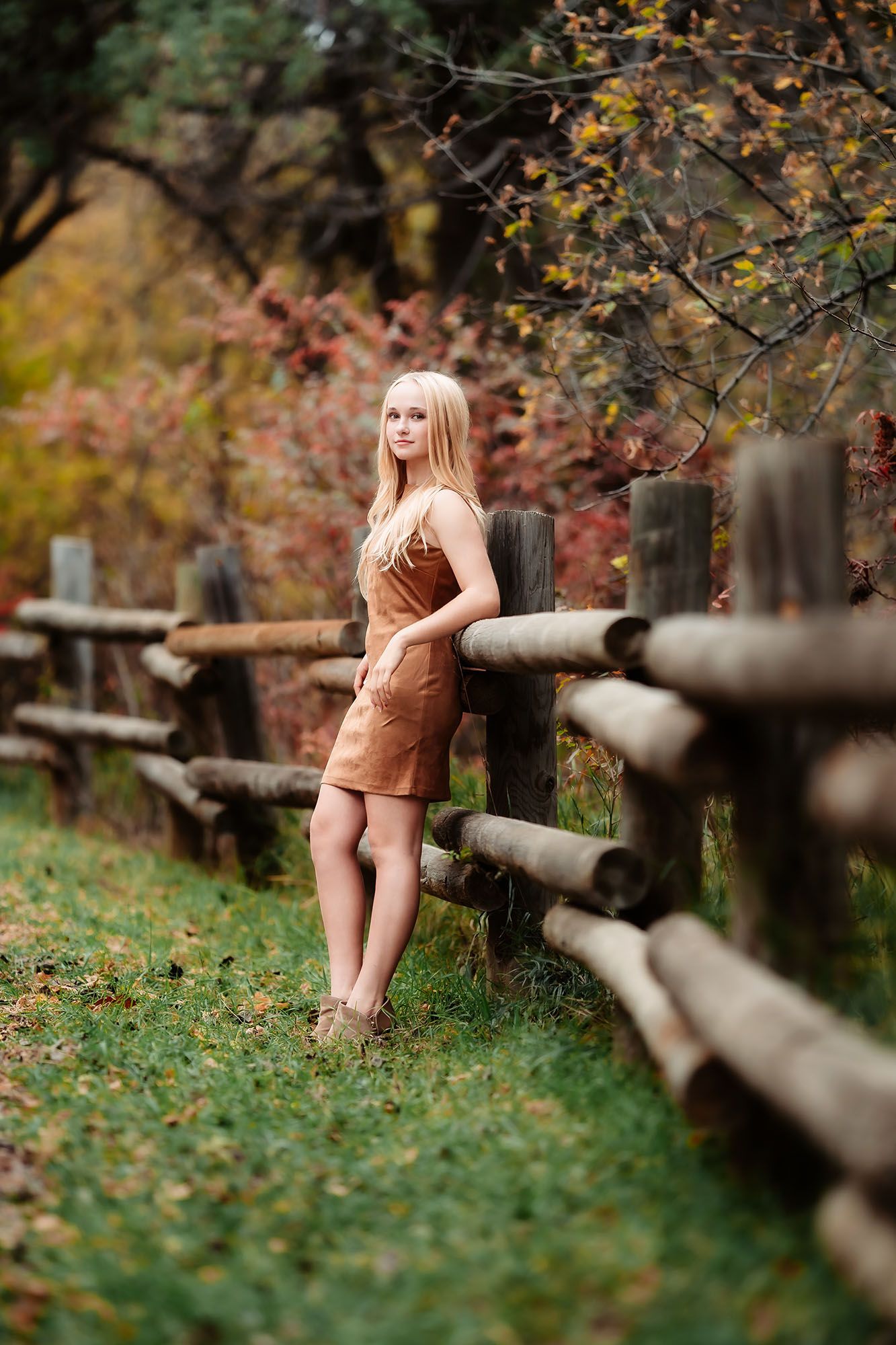 Young blonde woman in brown dress leaning against rustic wooden fence in autumn forest setting.