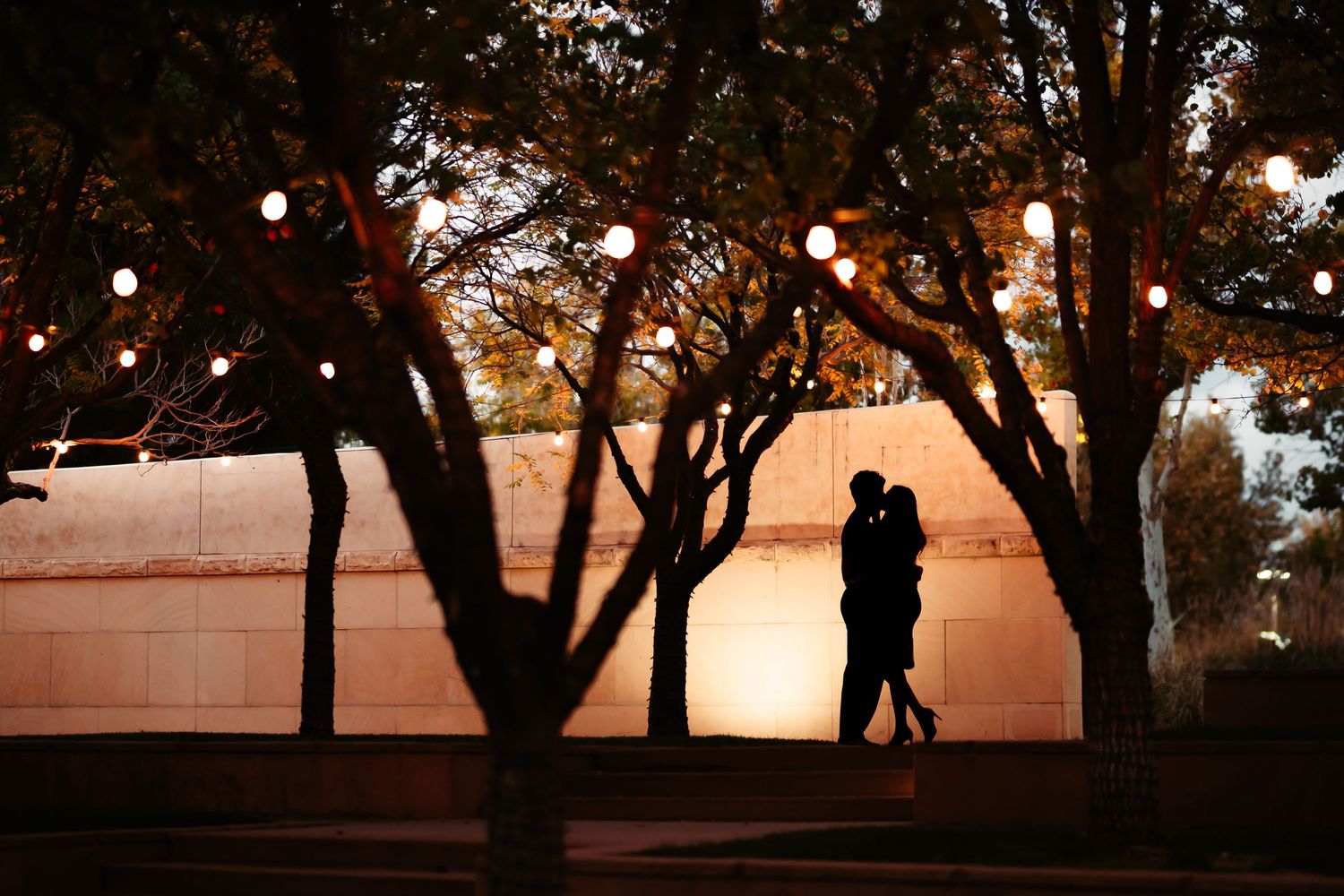 A romantic silhouette stands under trees with glowing string lights at dusk creating a magical outdoor atmosphere.