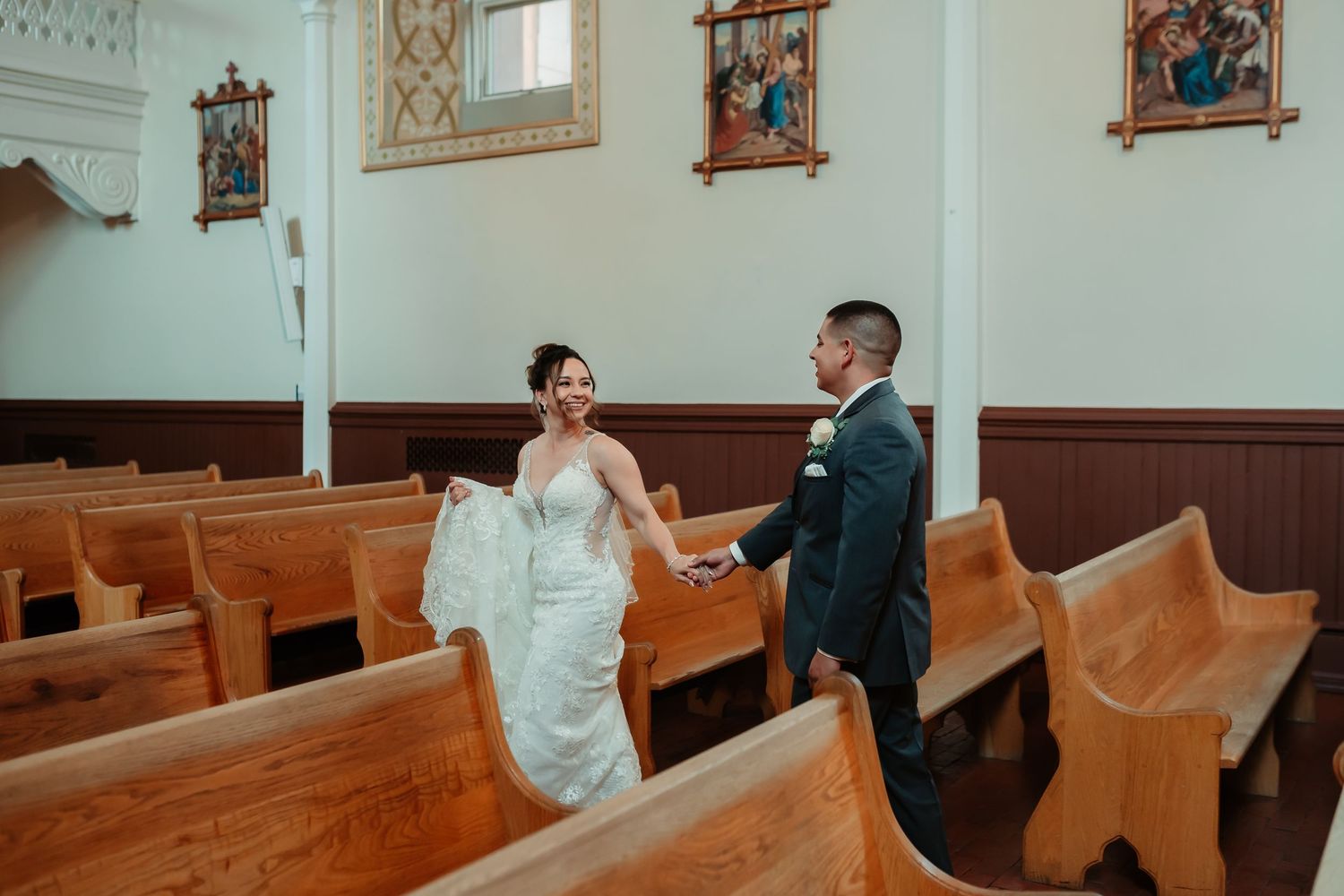 Three linked photos show a couple walking down the aisle of an elegant church with wooden pews and religious art on walls.