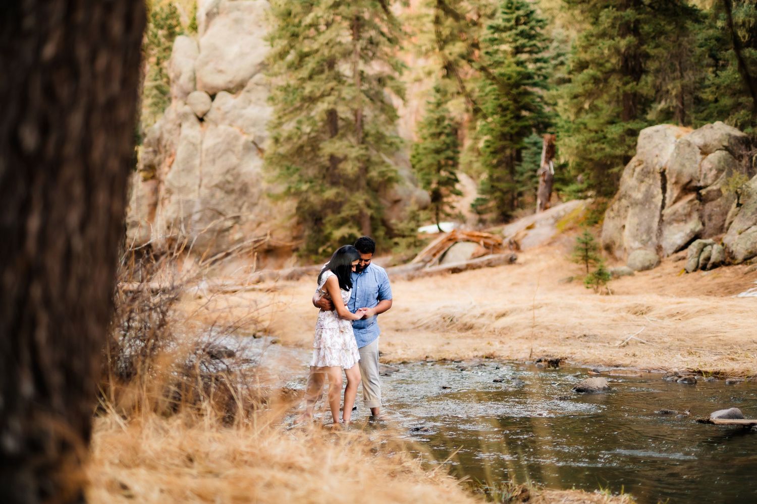 Couple stands together near flowing mountain stream surrounded by evergreen forest.
