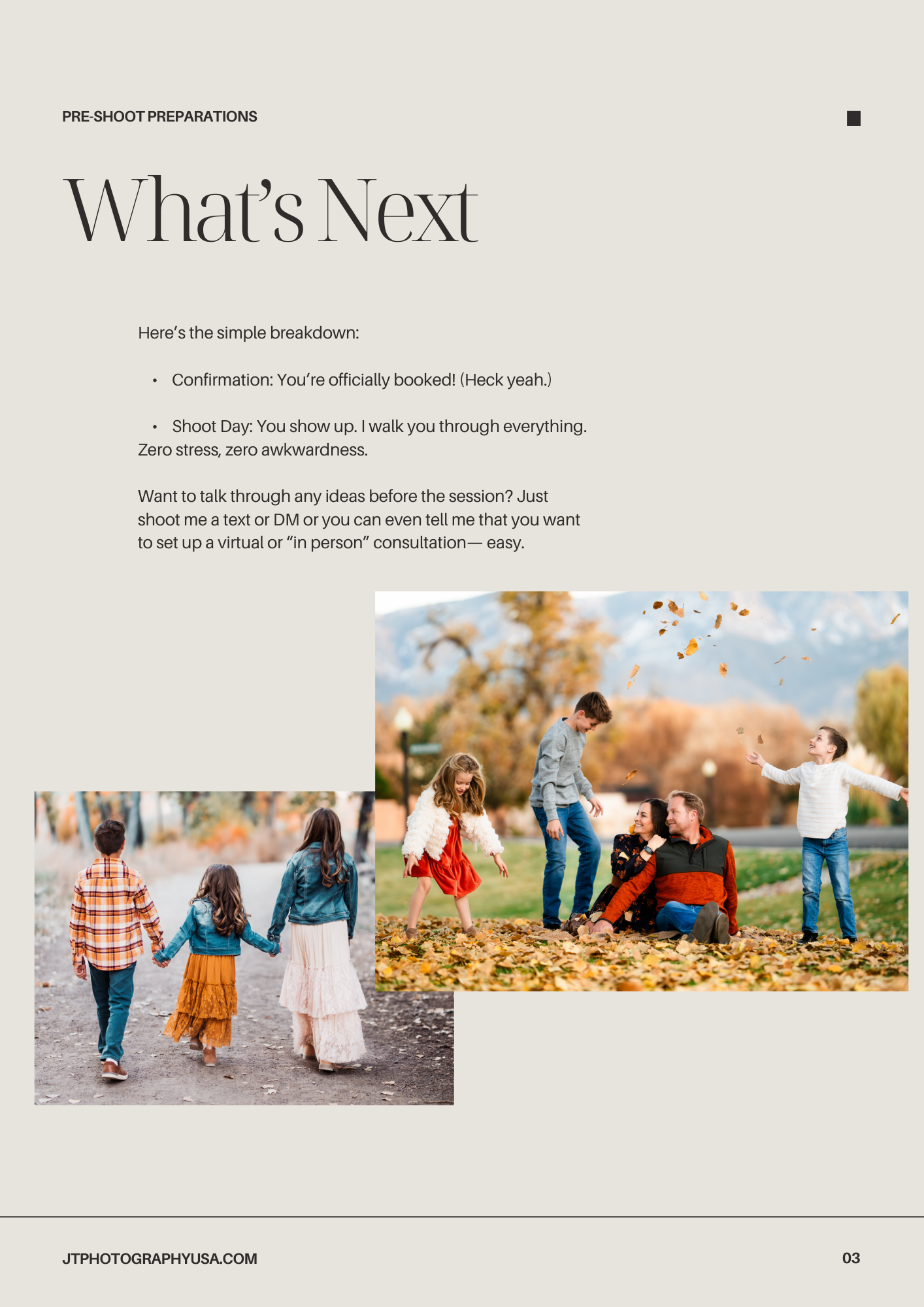 Family photography sessions captured in autumn with fall leaves and outdoor settings showing lifestyle portraits.