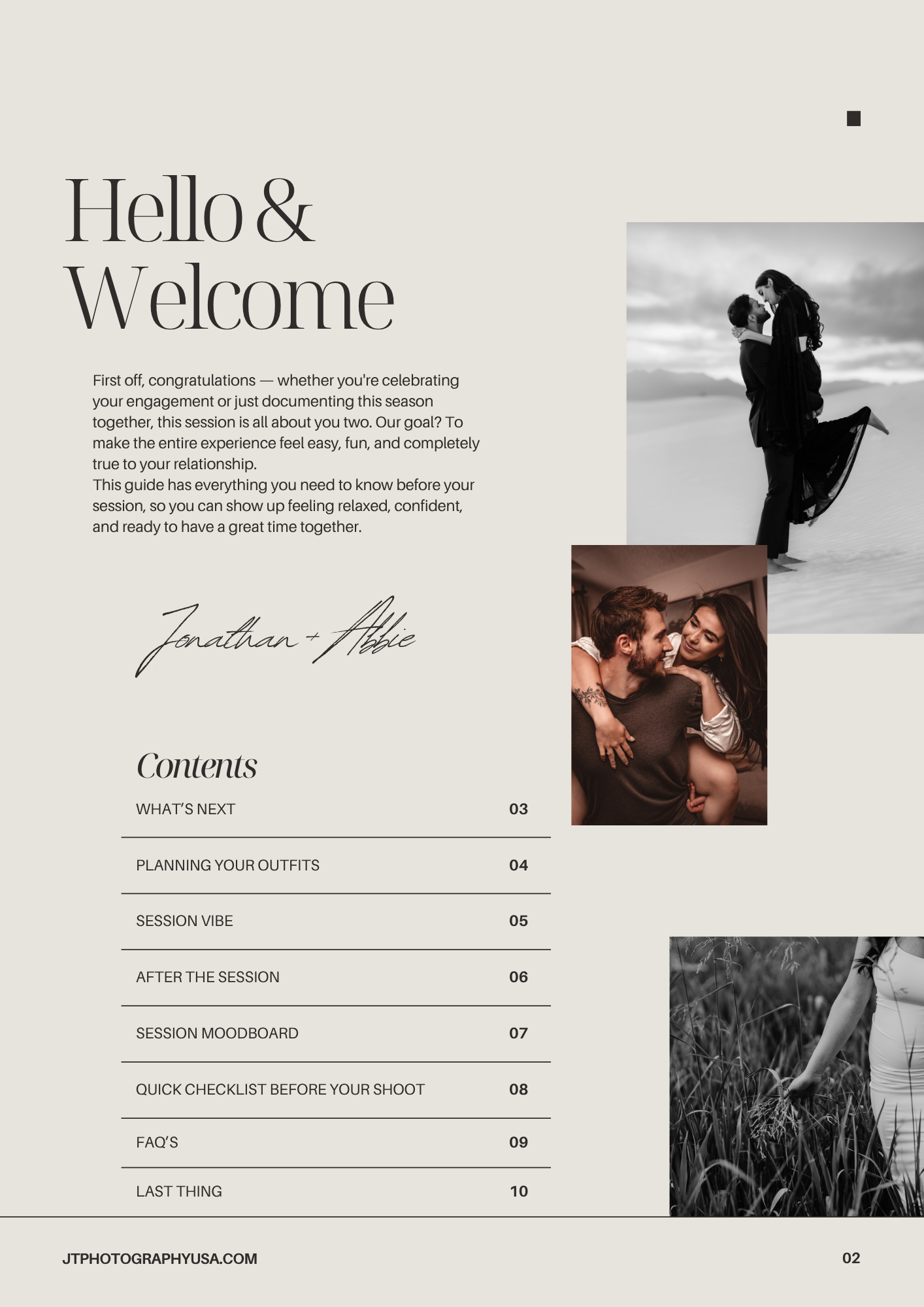 Minimalist welcome page layout with black and white photography and table of contents for photography services.
