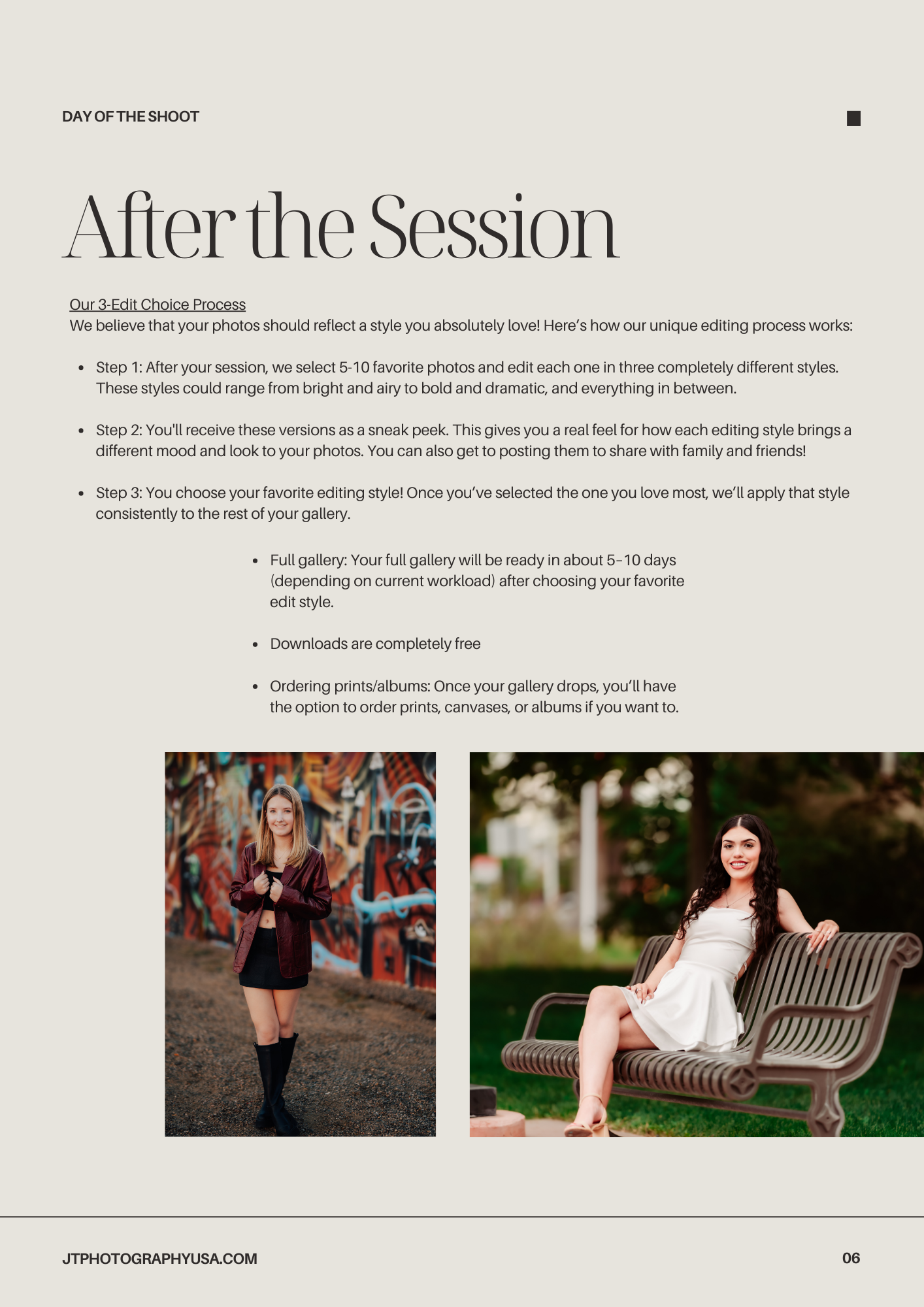 Photography guide page showing turnaround time details and two outdoor photo examples on light colored background.