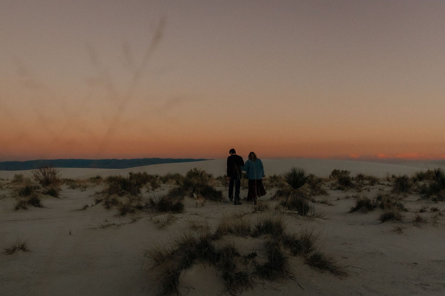 Two people stand on sandy dunes at sunset, gazing at a colorful orange and pink horizon over a vast desert landscape.