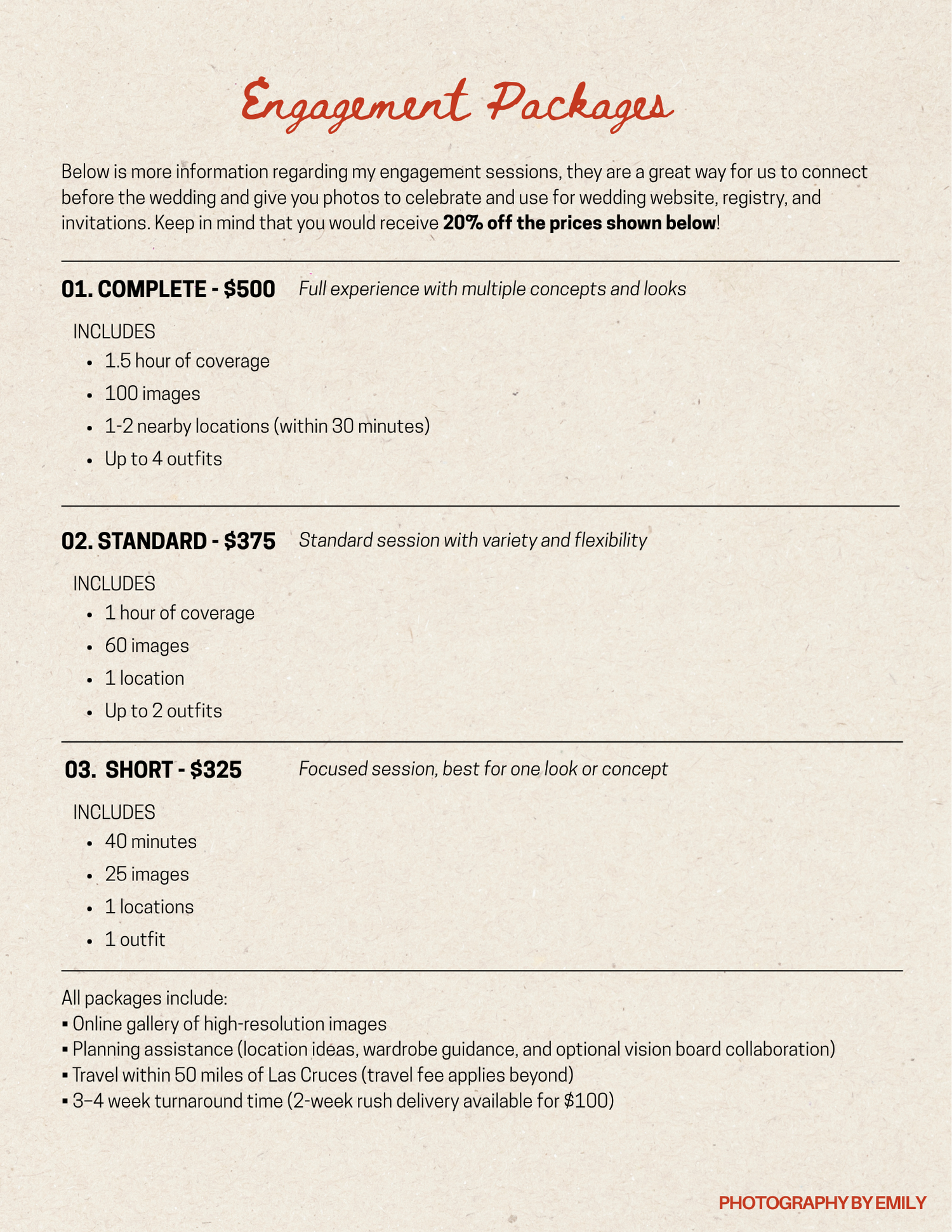 Engagement photography packages pricing guide showing three tiers: Complete $500, Standard $375, and Short $325 with included features.