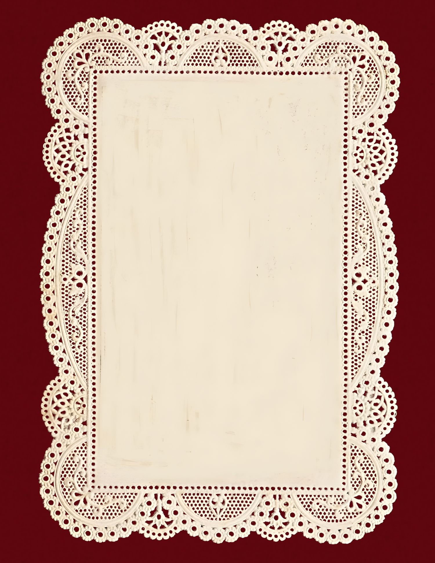 Elegant cream lace doily with intricate scalloped border on deep red background, perfect for vintage or romantic designs.