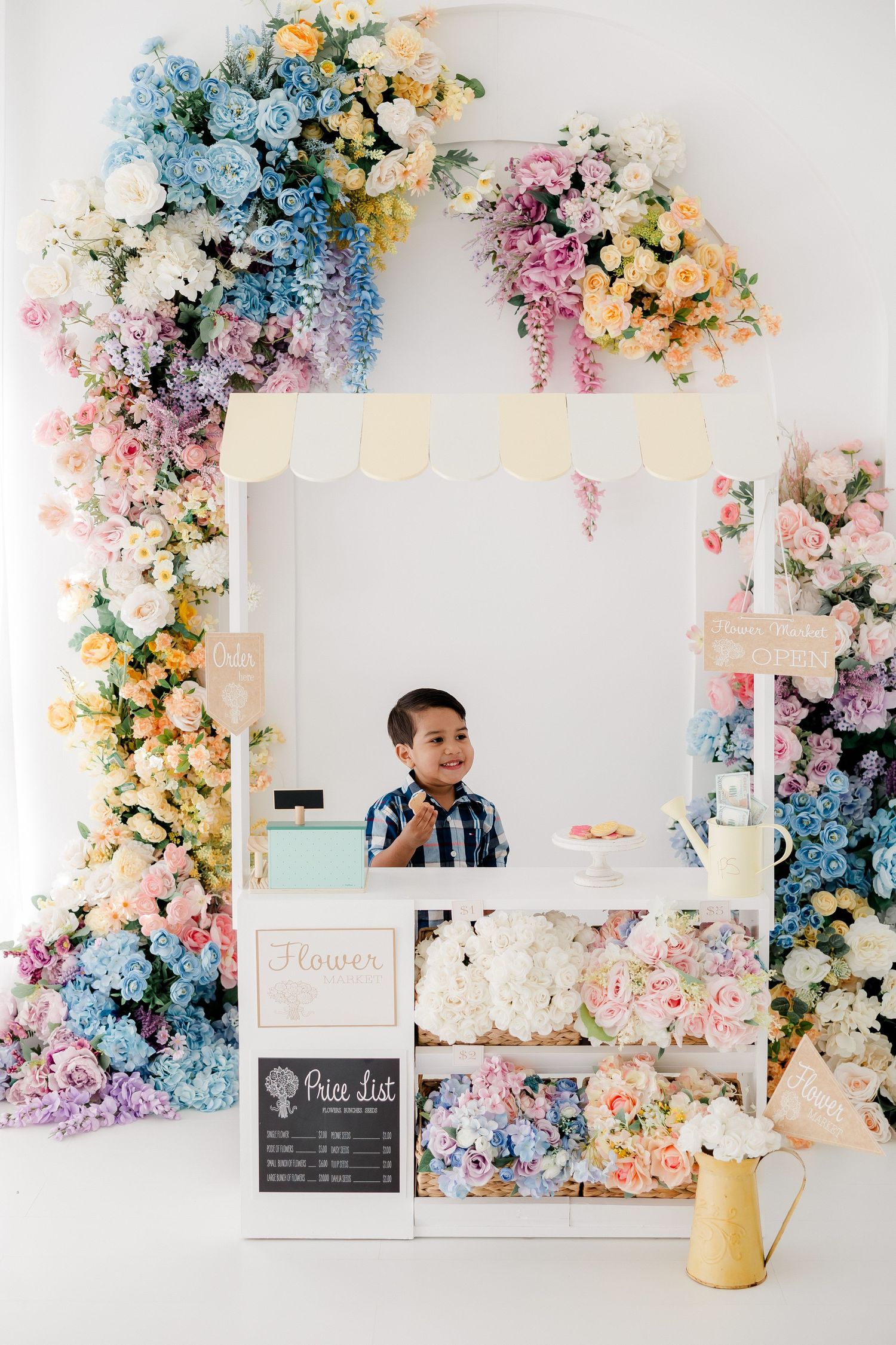 Collage of floral wedding decorations featuring pastel blooms in blue, pink, and yellow against white walls.