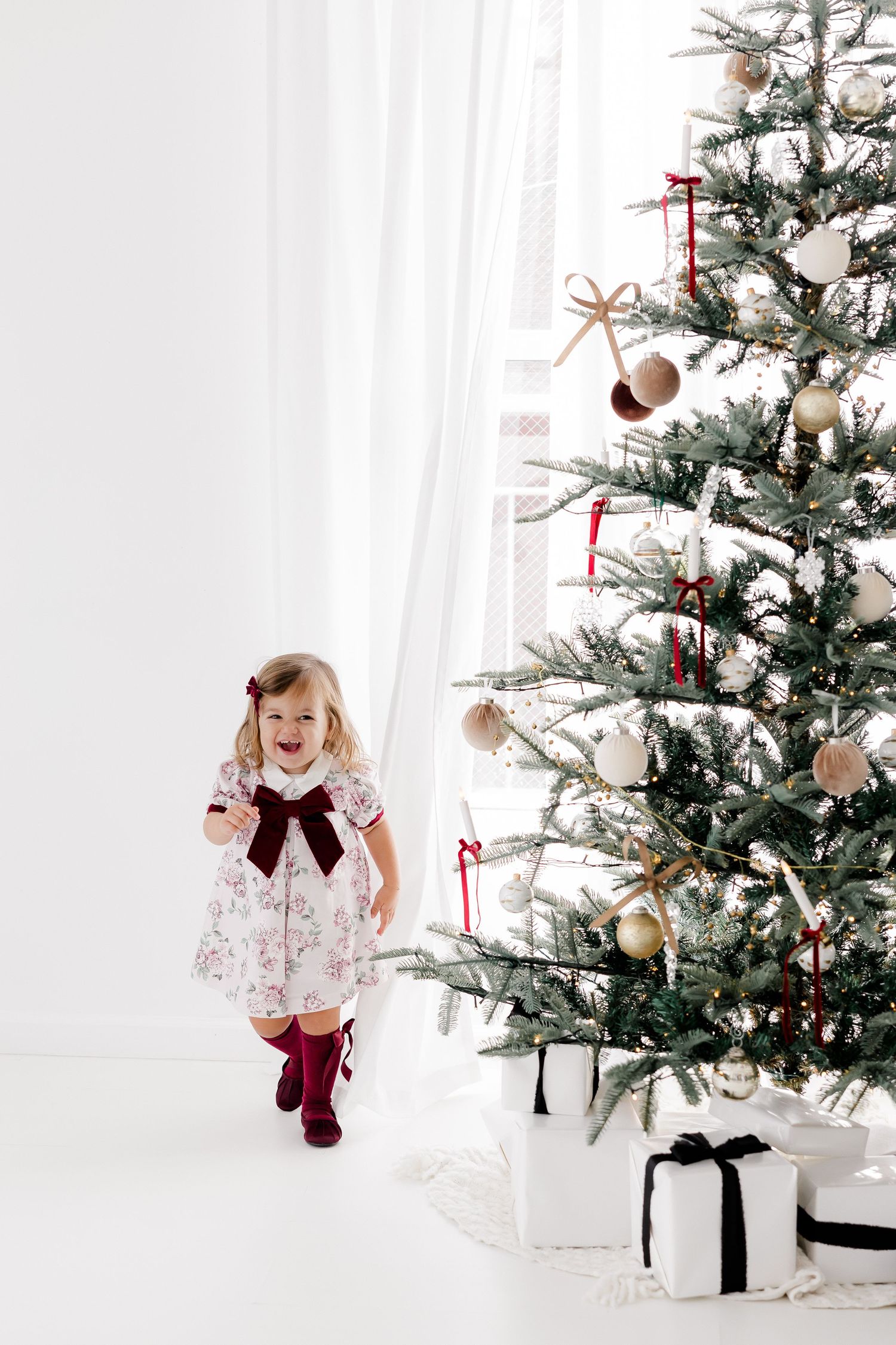 Decorated Christmas tree with gold and red ornaments against white background.