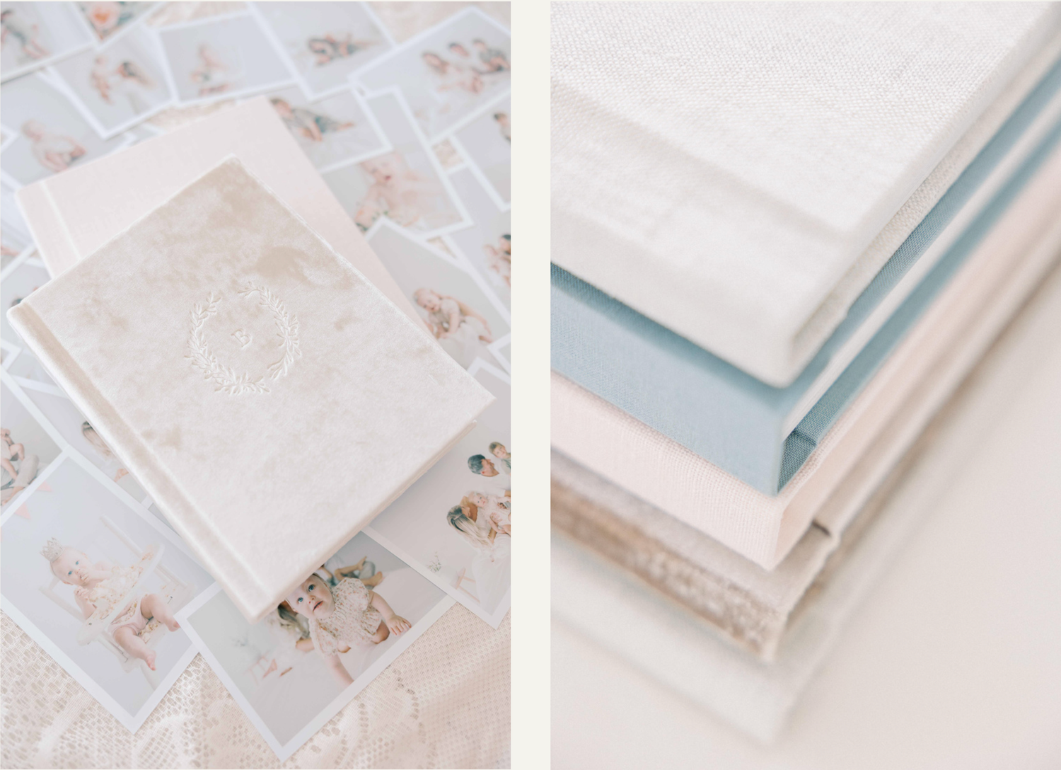 White and pale blue minimalist stationery items arranged in a flat lay composition on a marble surface.