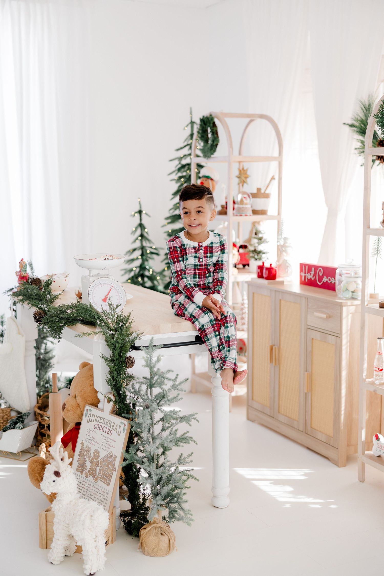 Christmas decor with rustic touches features evergreen branches and red accents in a bright white room.