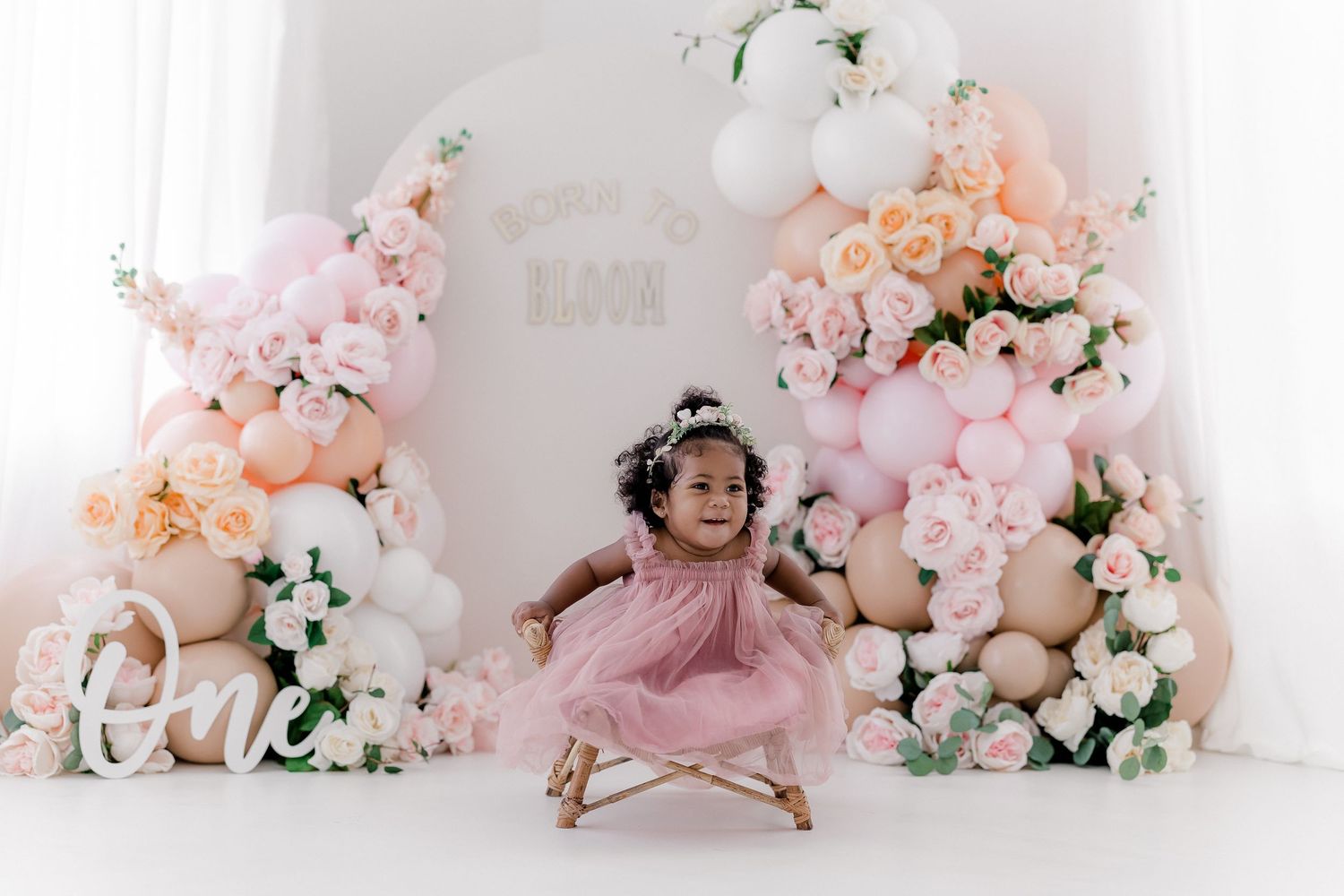 A series of romantic floral photography setups with pink and peach roses arranged around soft white studio backdrops.
