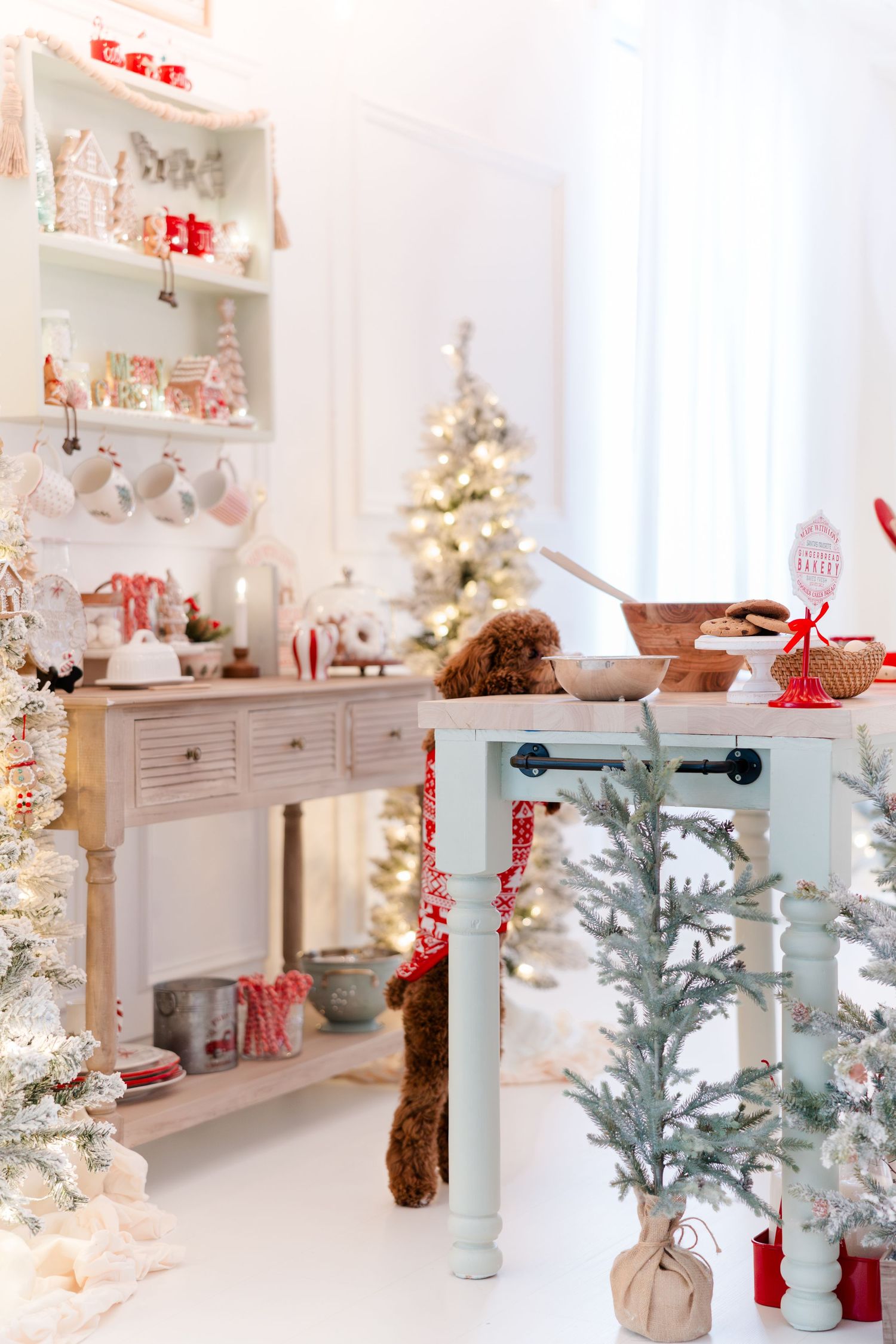 A festive Christmas kitchen with red and white decor, a fluffy dog, lit trees, and holiday ornaments on shelves.