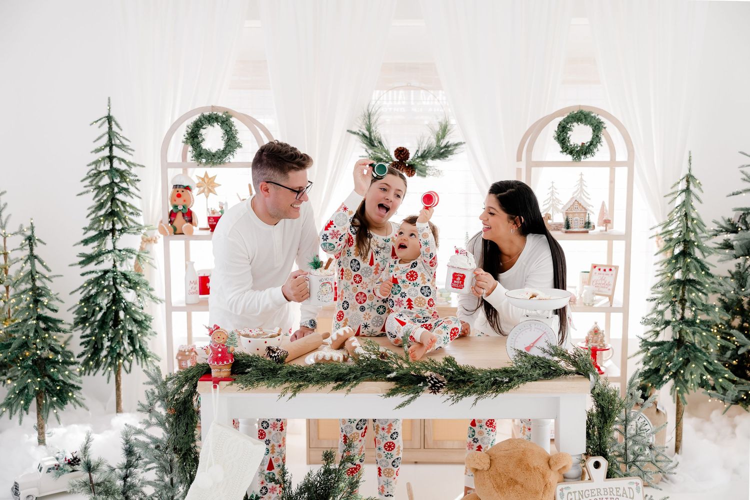 Christmas photo studio with evergreen trees, wreaths, and festive holiday decorations.