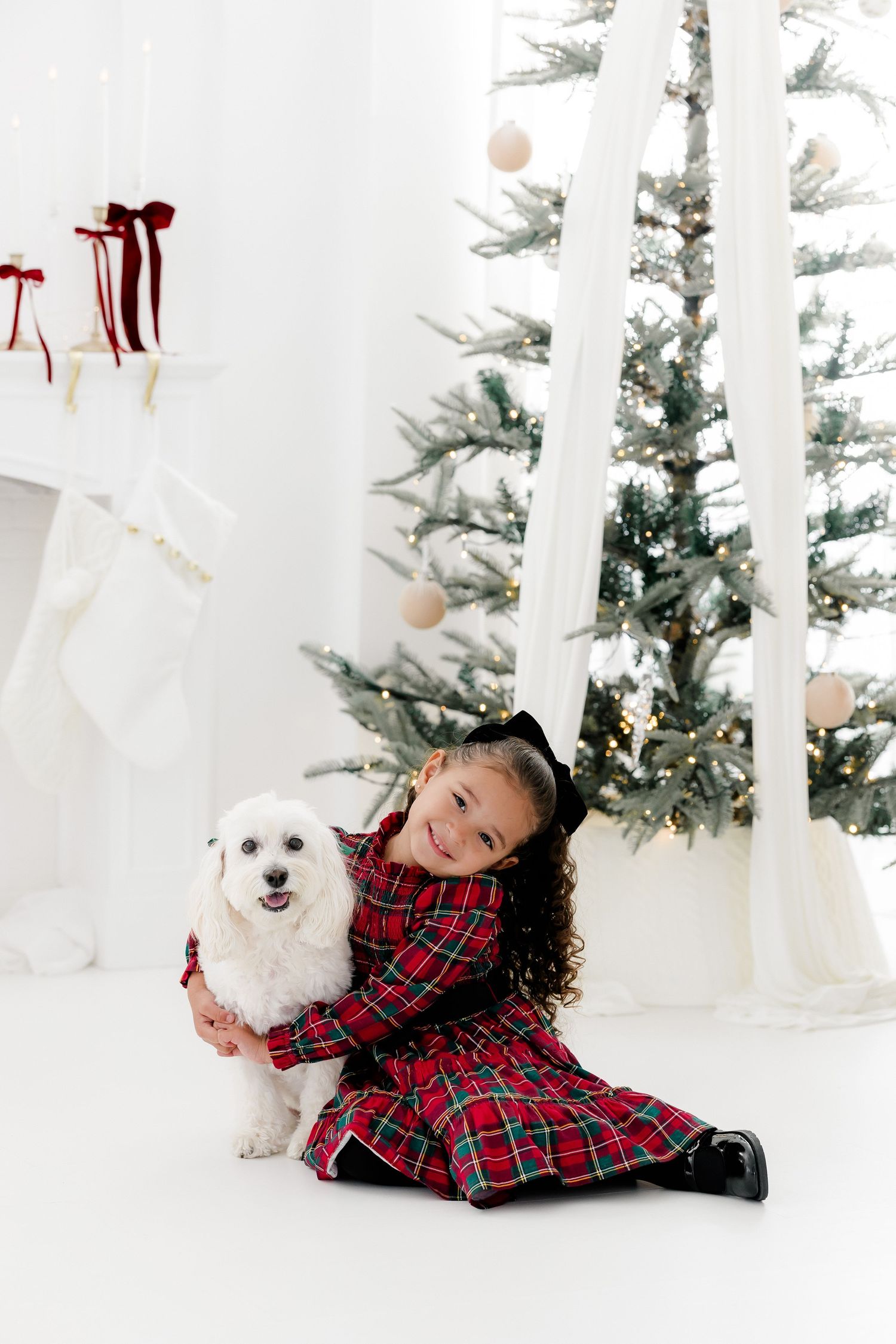 Young girl in plaid dress hugging white Bichon Frise dog by decorated Christmas tree with stockings.