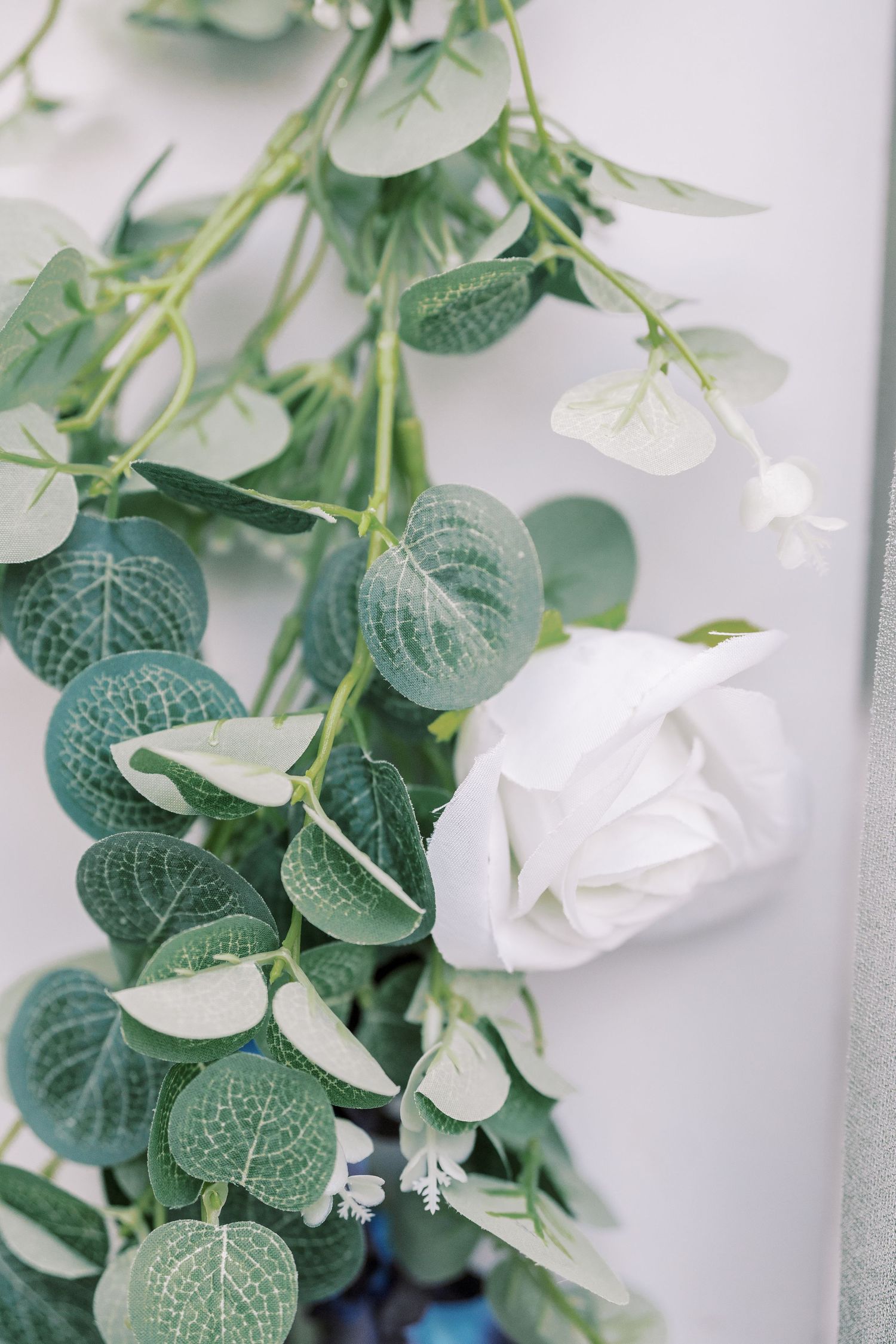 Close-up view of delicate white petals and green eucalyptus leaves arranged on a light background.