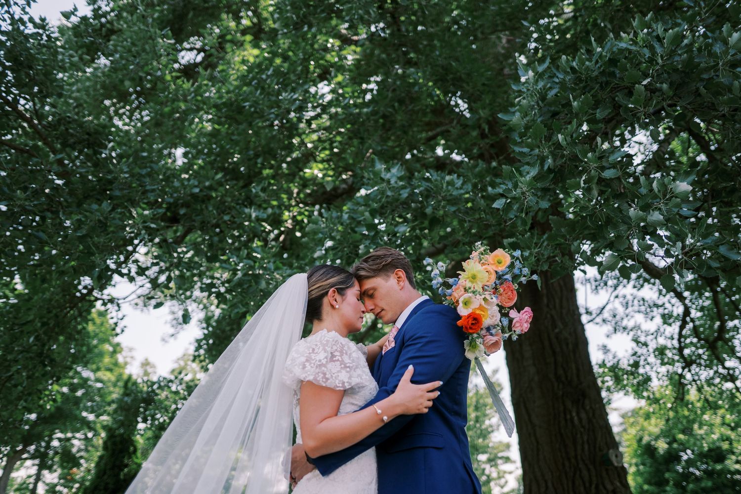 A collection of romantic outdoor wedding photos showing a couple in natural, tree-filled settings during their special day.
